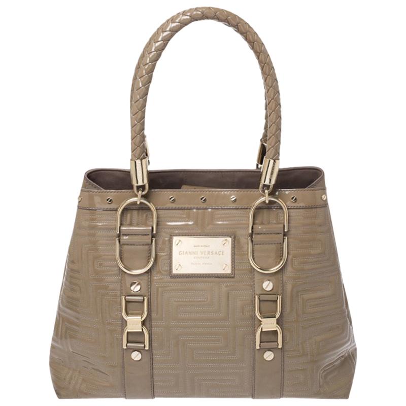 Gianni Versace Beige Patent Leather Snap Out Of It Tote