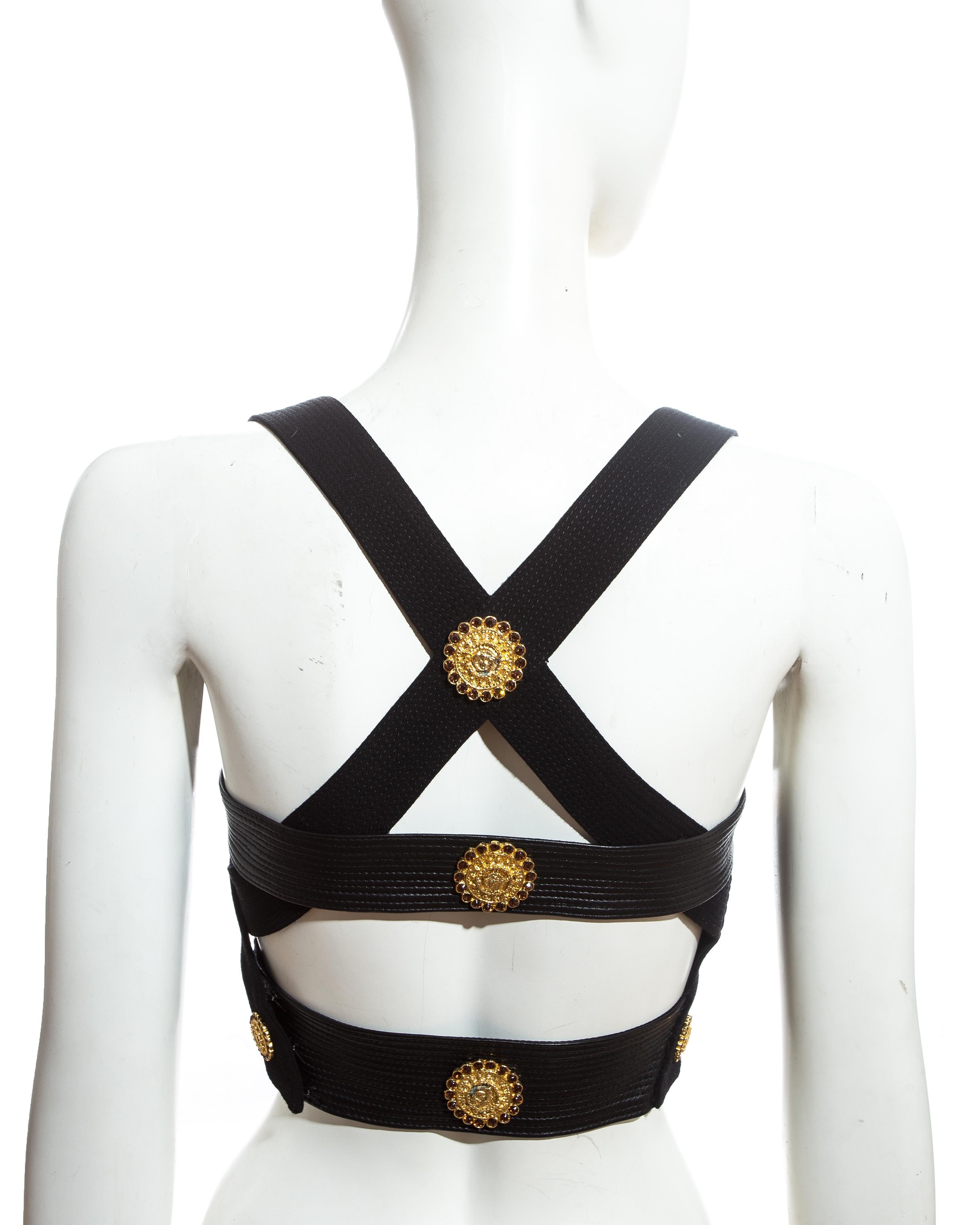 Black Gianni Versace black and gold leather bondage Medusa vest, fw 1992 For Sale