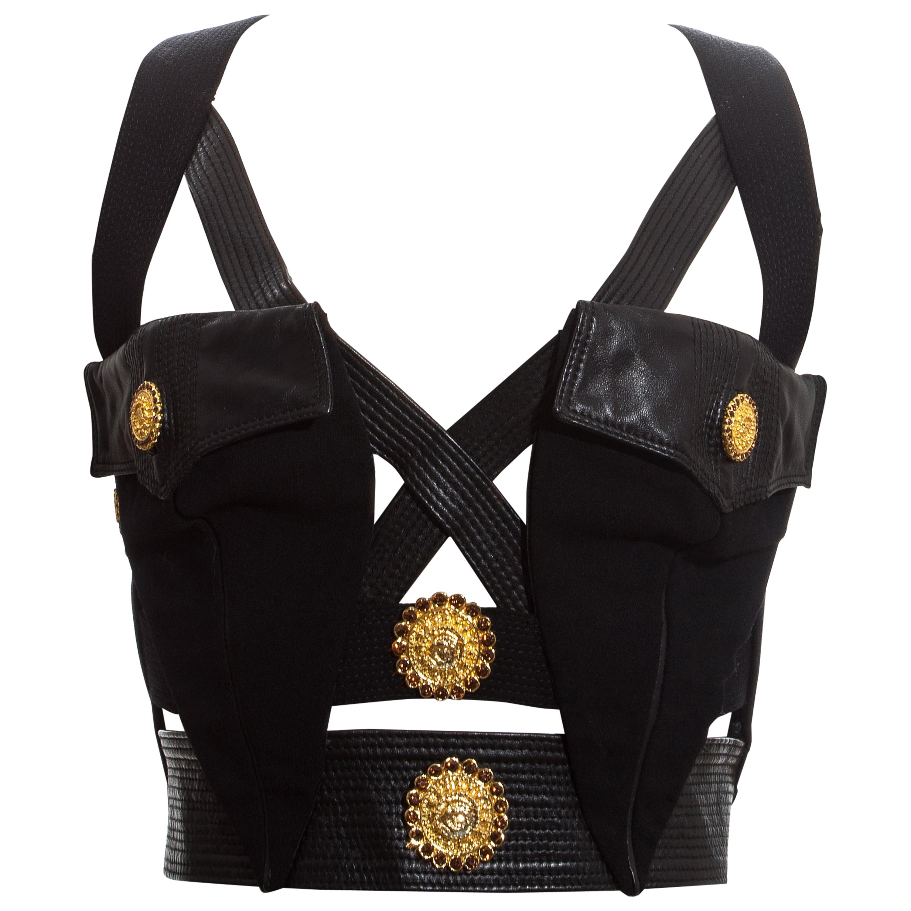 Gianni Versace black and gold leather bondage Medusa vest, fw 1992 For Sale