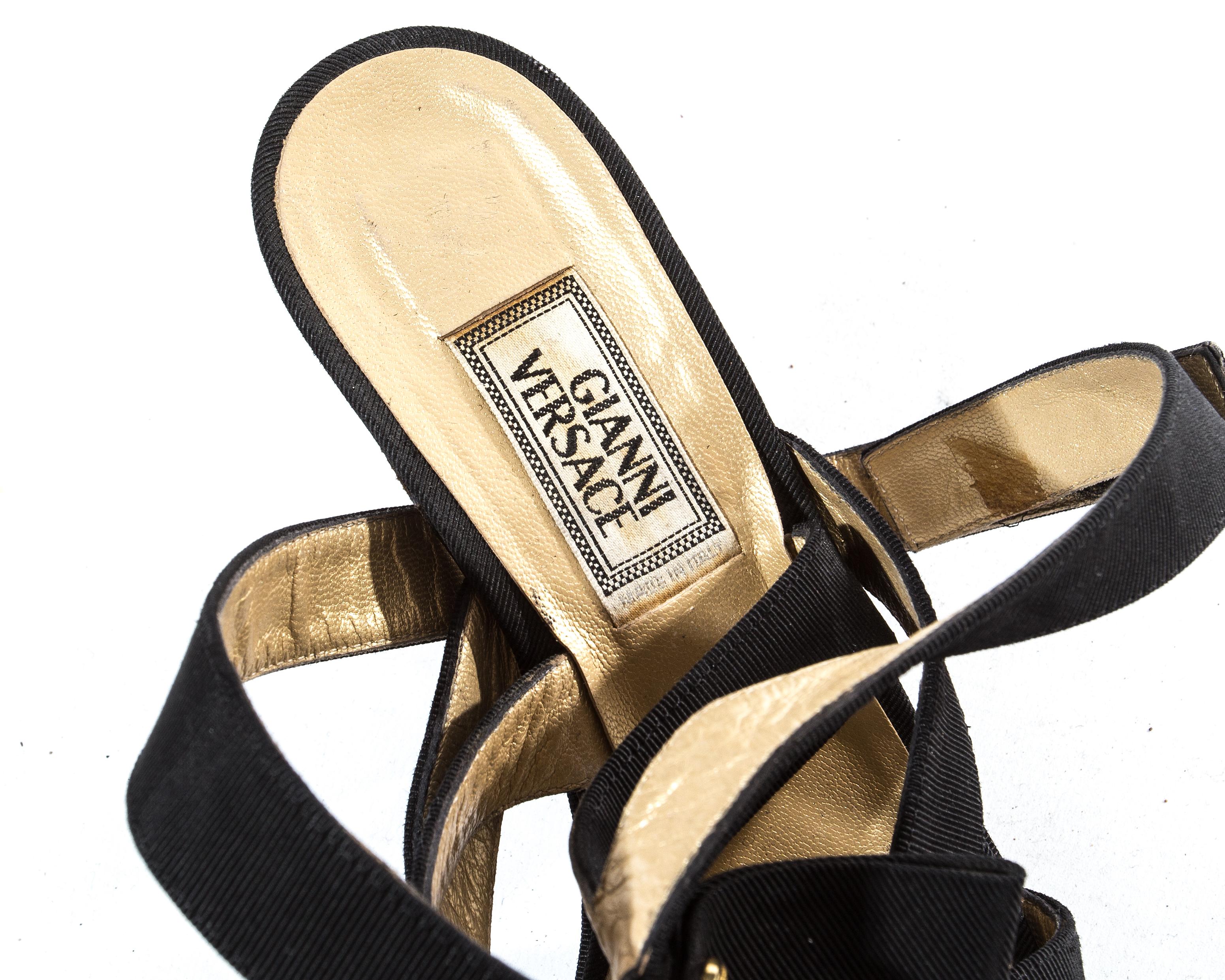 Women's Gianni Versace black and gold Medusa silk platform sandals, S/S 1993 For Sale