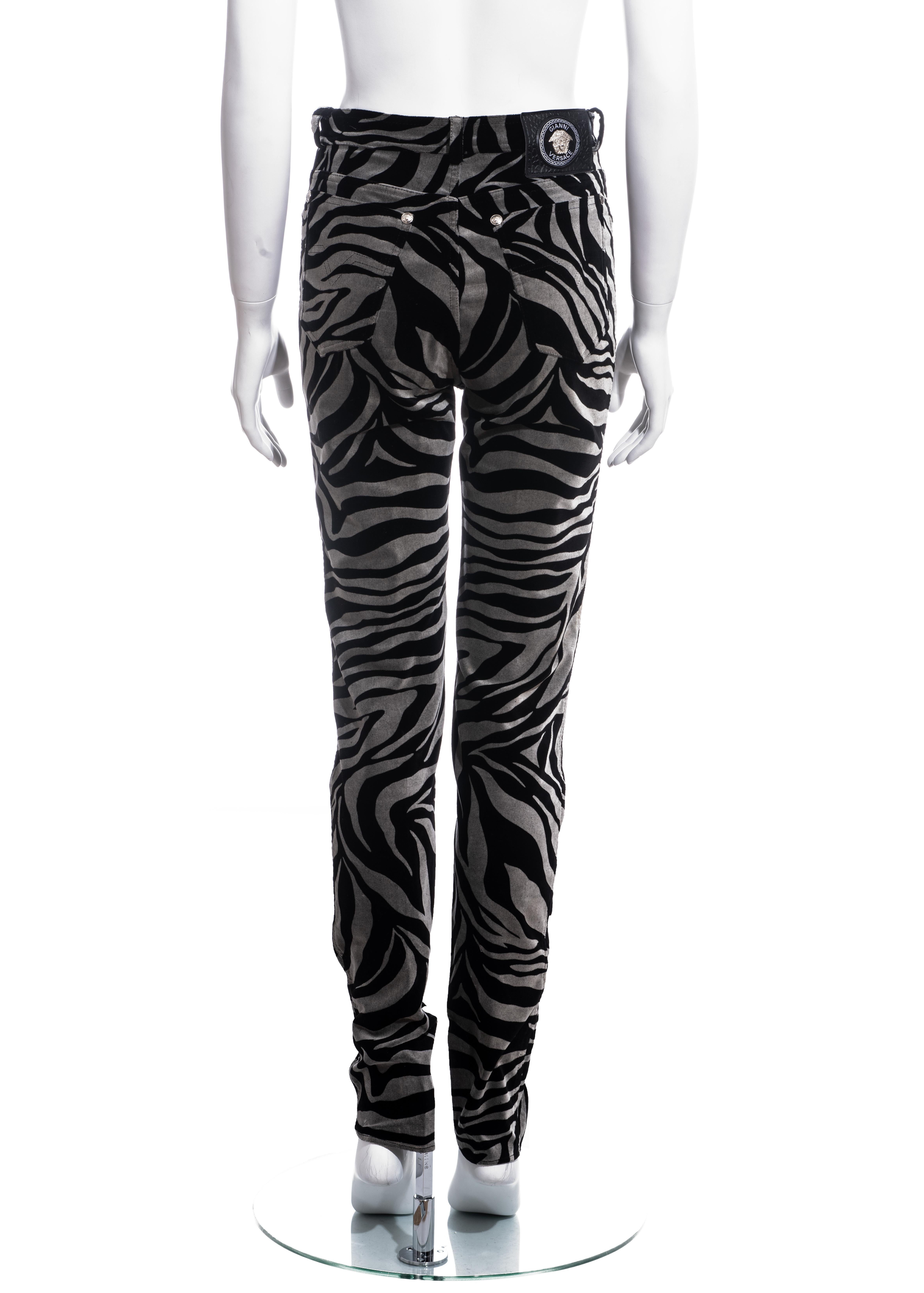 Women's Gianni Versace black and grey velvet zebra print pants, ss 1992