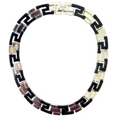 Vintage Gianni Versace black and silver greek pattern necklace, 1990s 