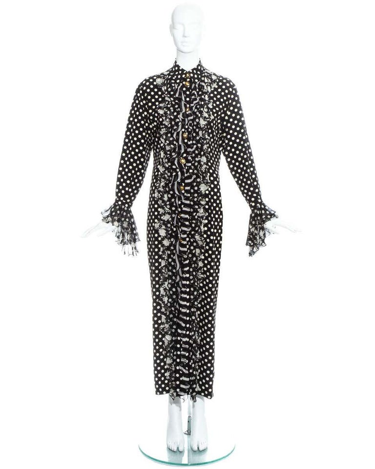 Gianni Versace black and white polkadot silk ruffled shirt dress, ss