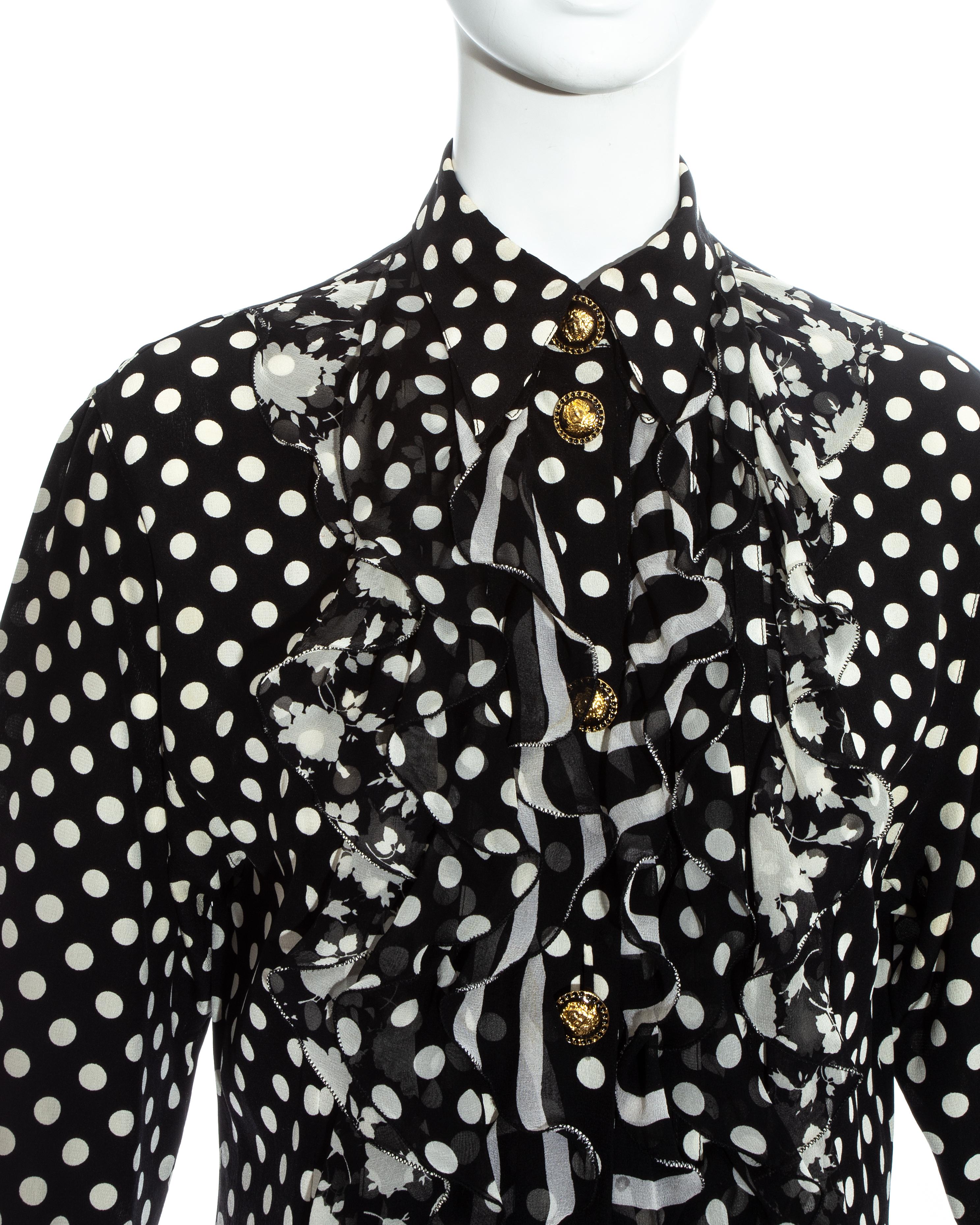 Women's Gianni Versace black and white polkadot silk ruffled shirt dress, ss 1993
