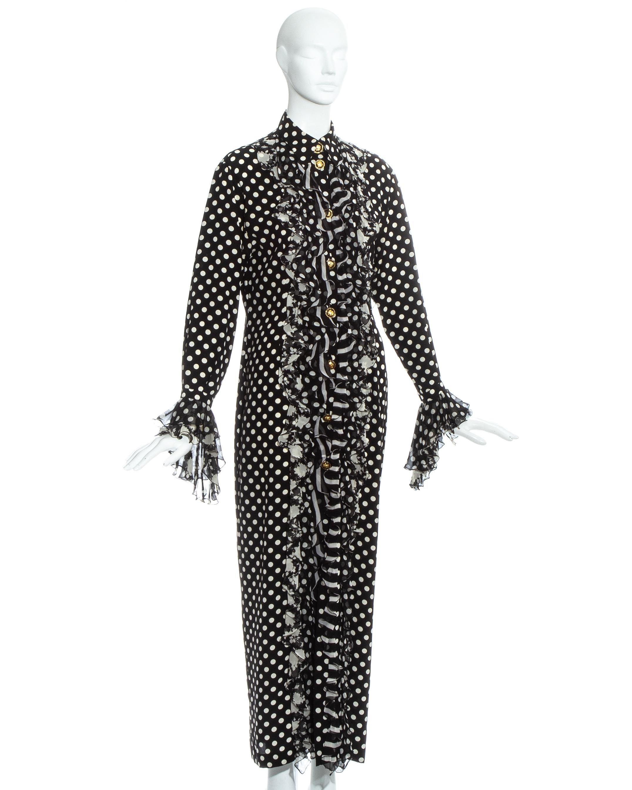 Gianni Versace black and white polkadot silk ruffled shirt dress, ss 1993 2