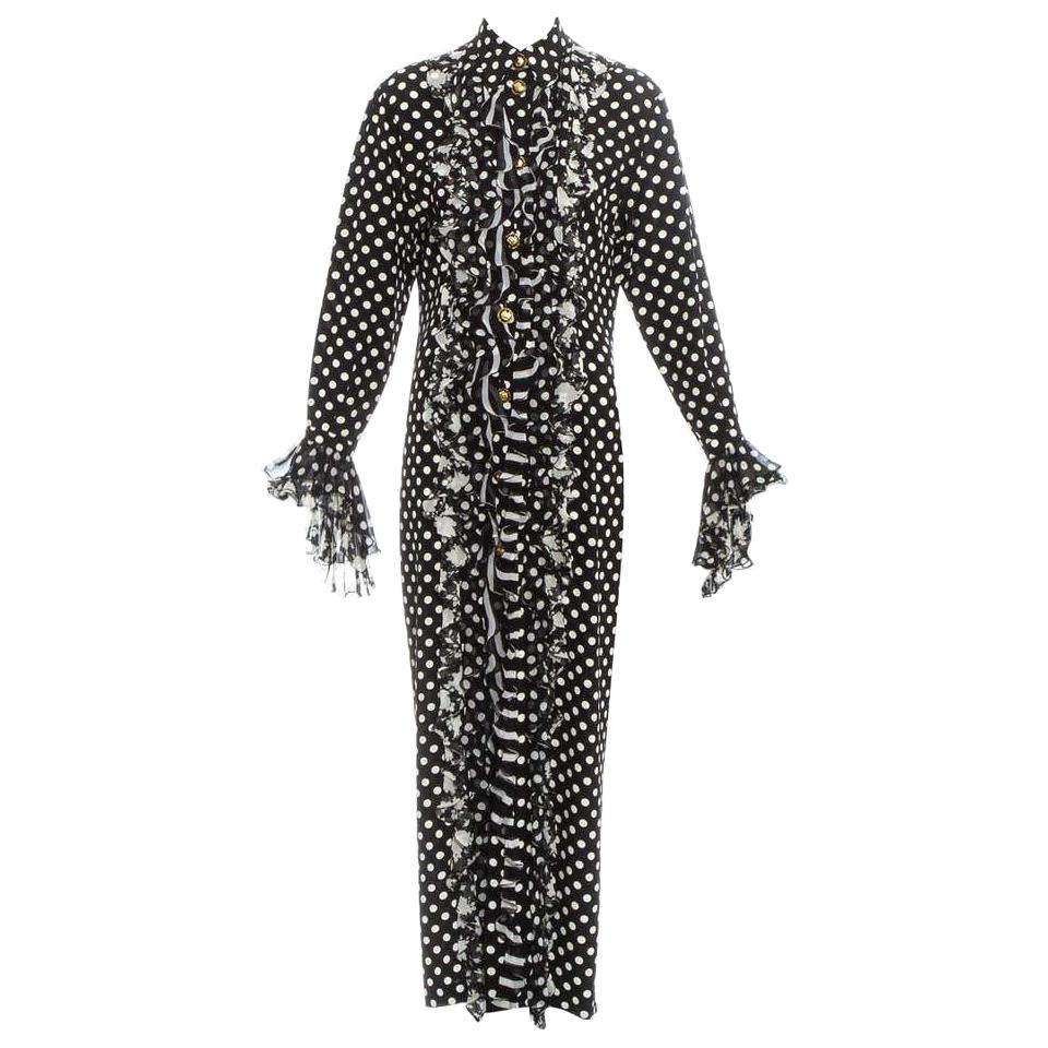 Gianni Versace black and white polkadot silk ruffled shirt dress, ss 1993 For Sale