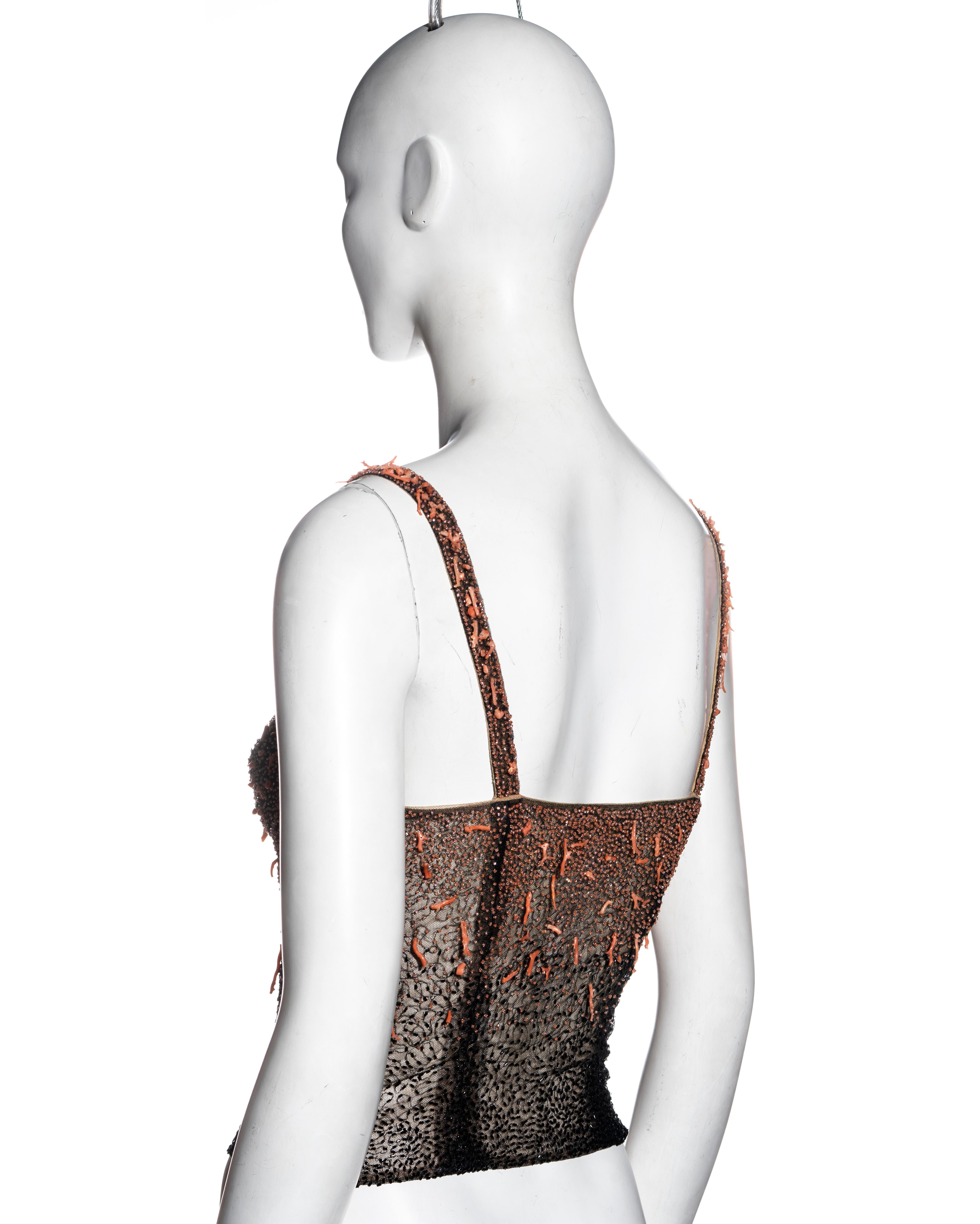 Gianni Versace black beaded mesh corset top with coral, fw 1999 2