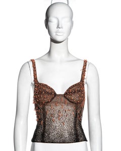 Gianni Versace black beaded mesh corset top with coral, fw 1999