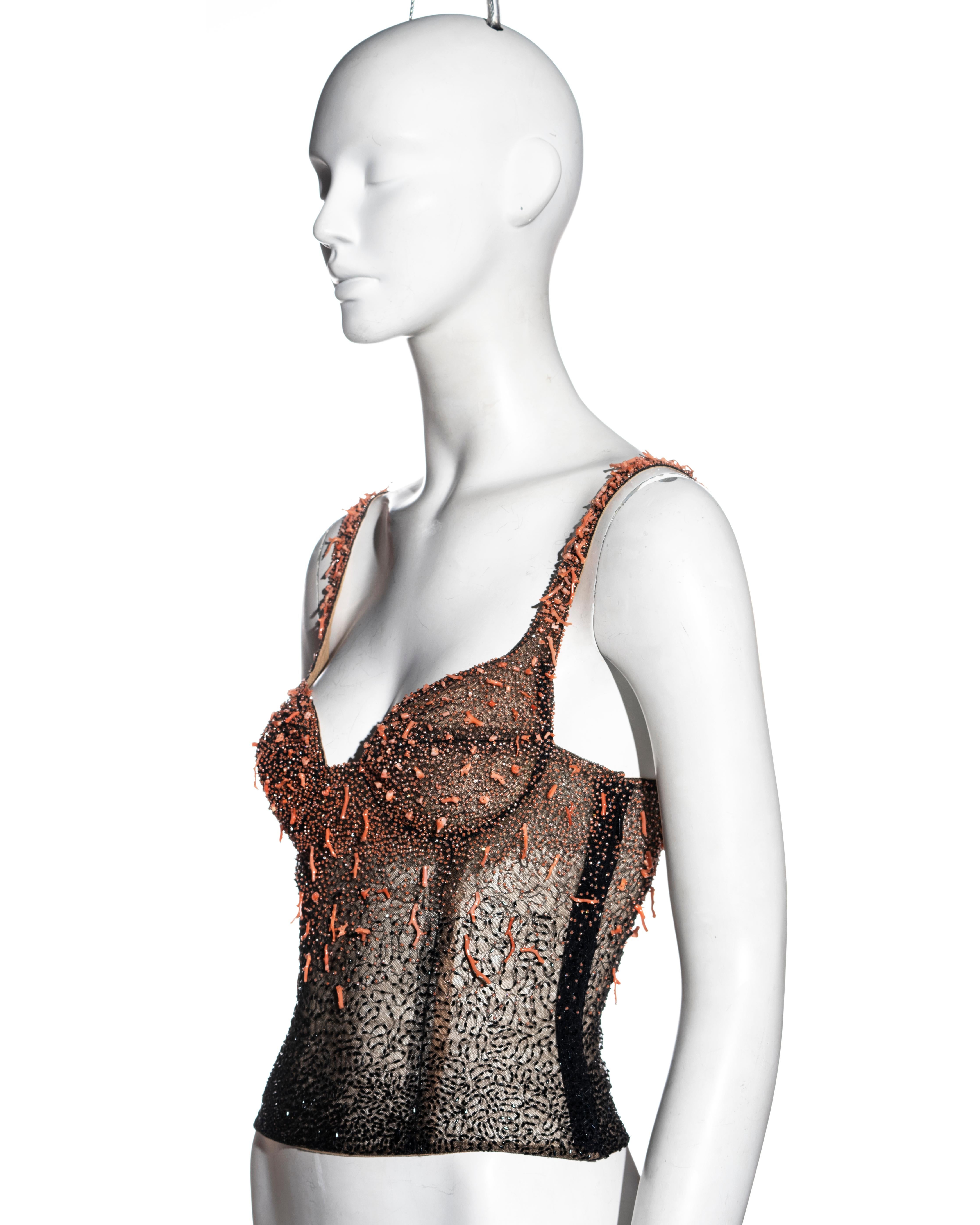 Gianni Versace black beaded mesh corset top with coral, fw 1999 In Excellent Condition In London, GB
