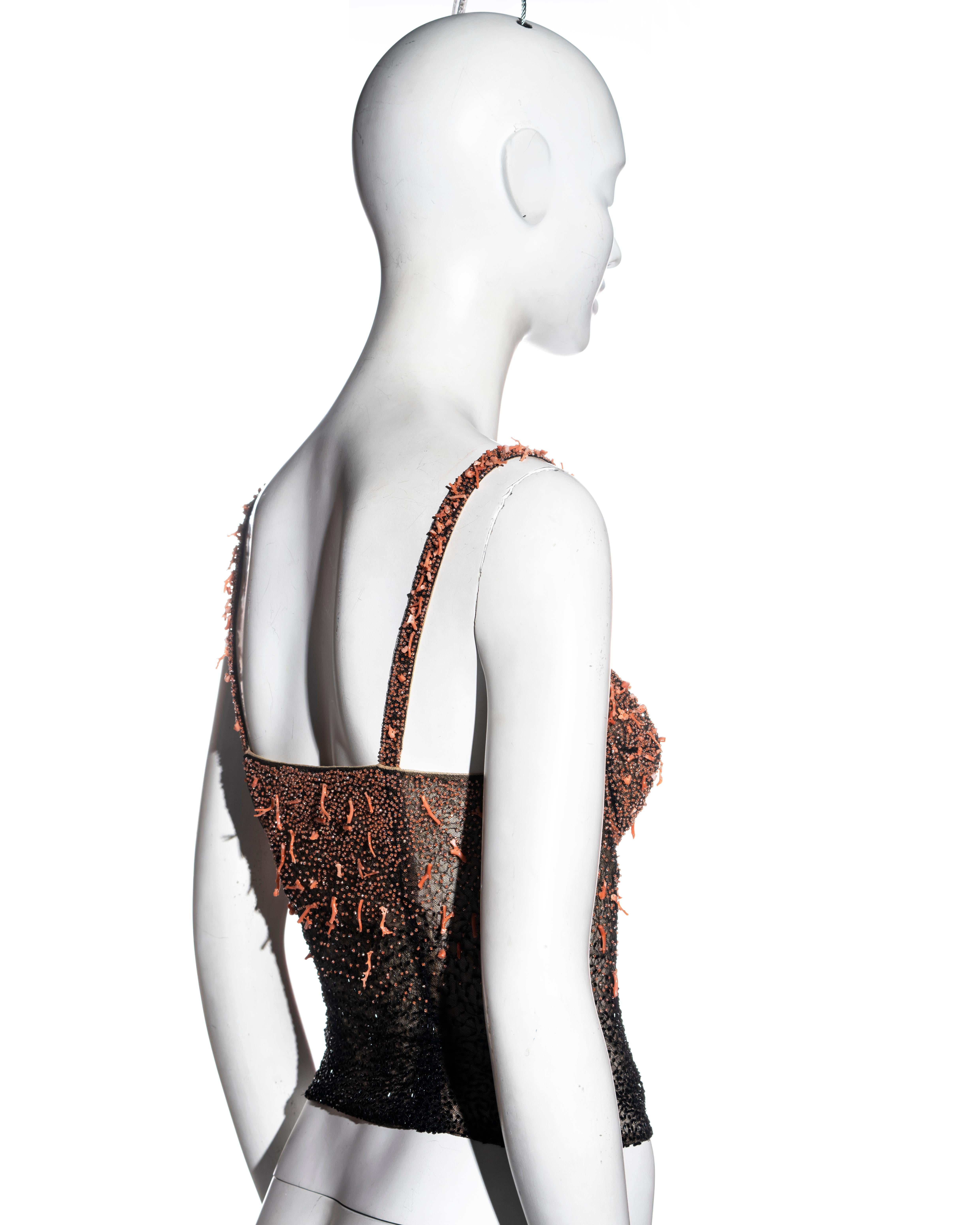 Women's Gianni Versace black beaded mesh corset top with coral, fw 1999