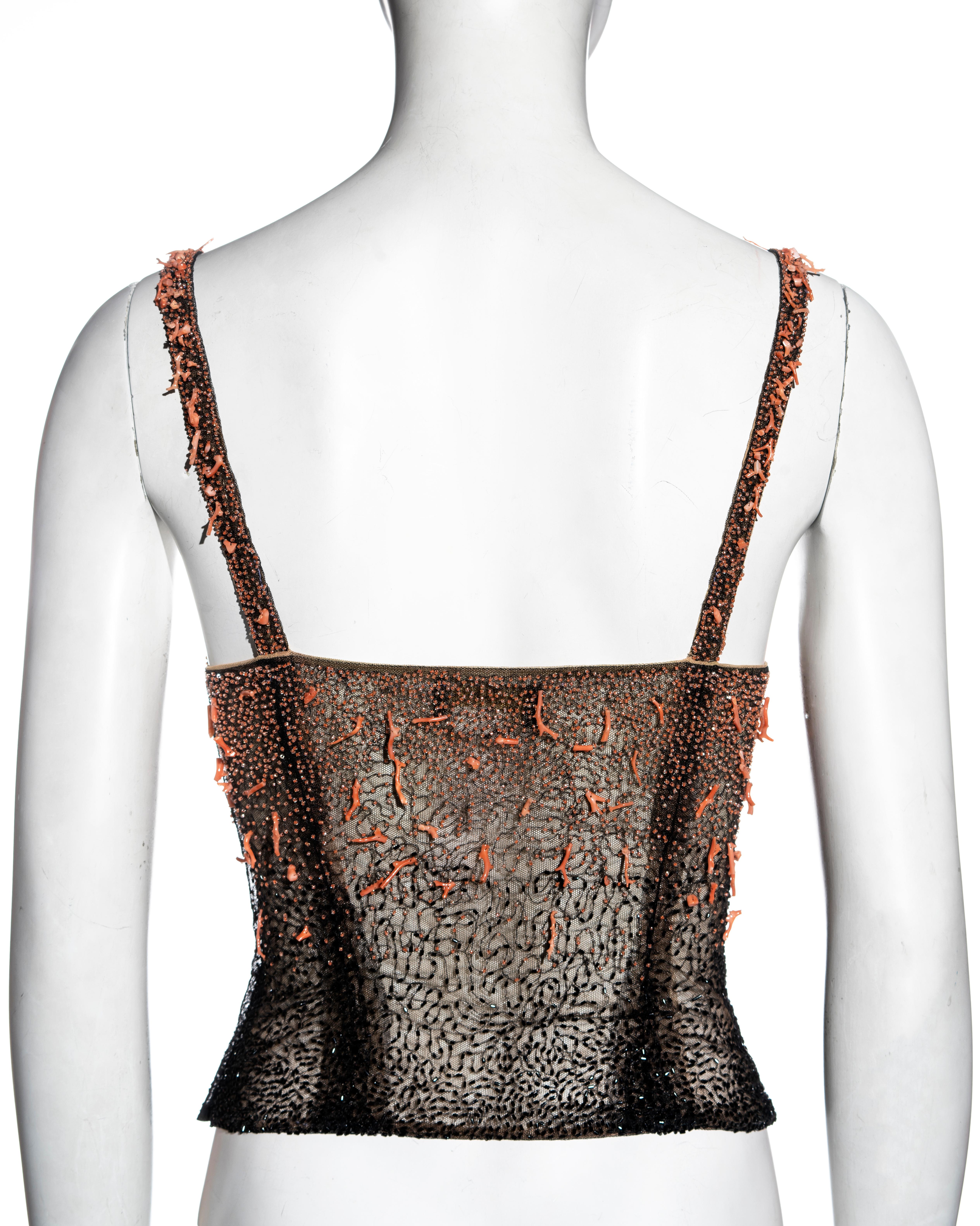 Gianni Versace black beaded mesh corset top with coral, fw 1999 1
