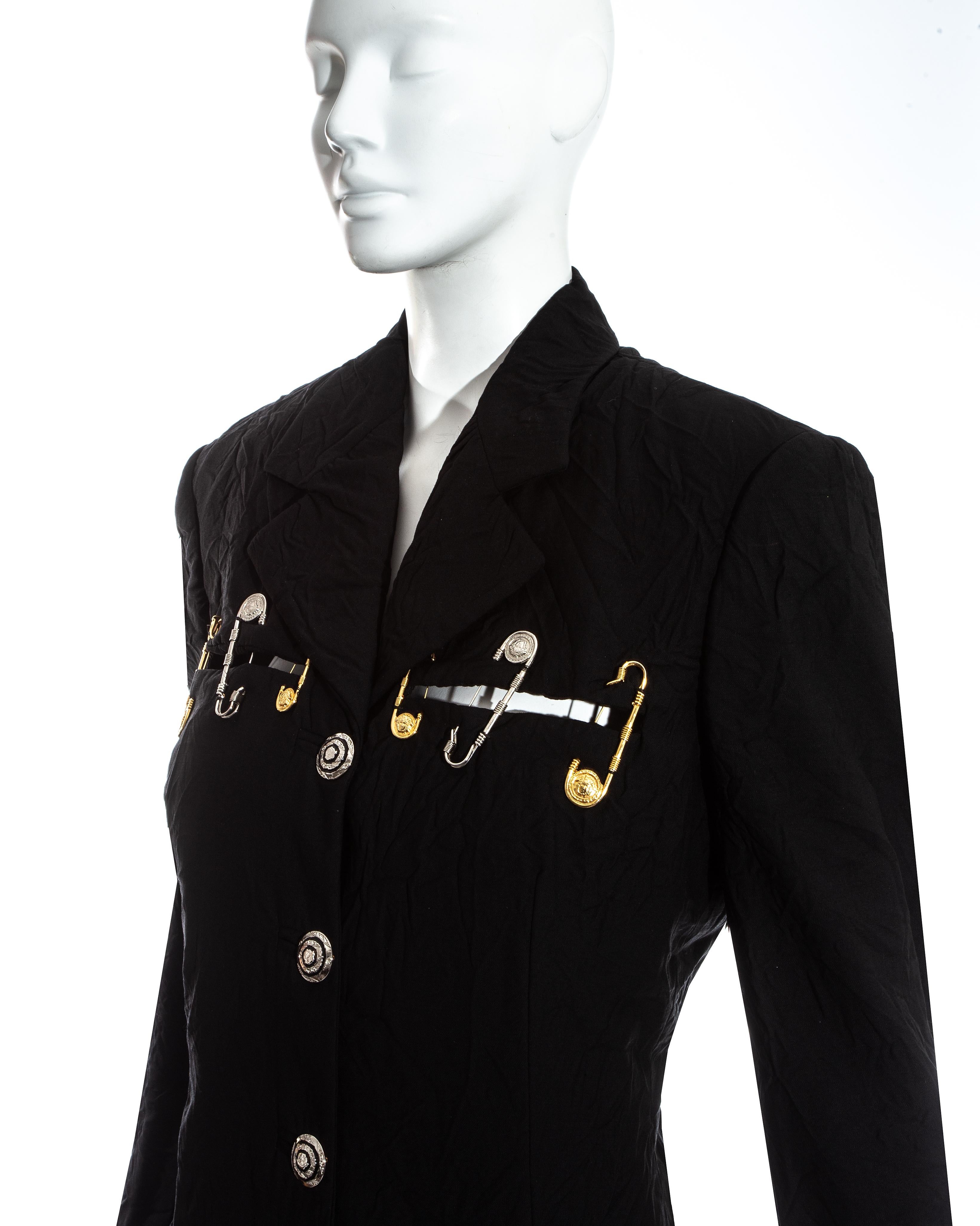 Gianni Versace black crinkled safety pin skirt suit, ss 1994 For Sale 3