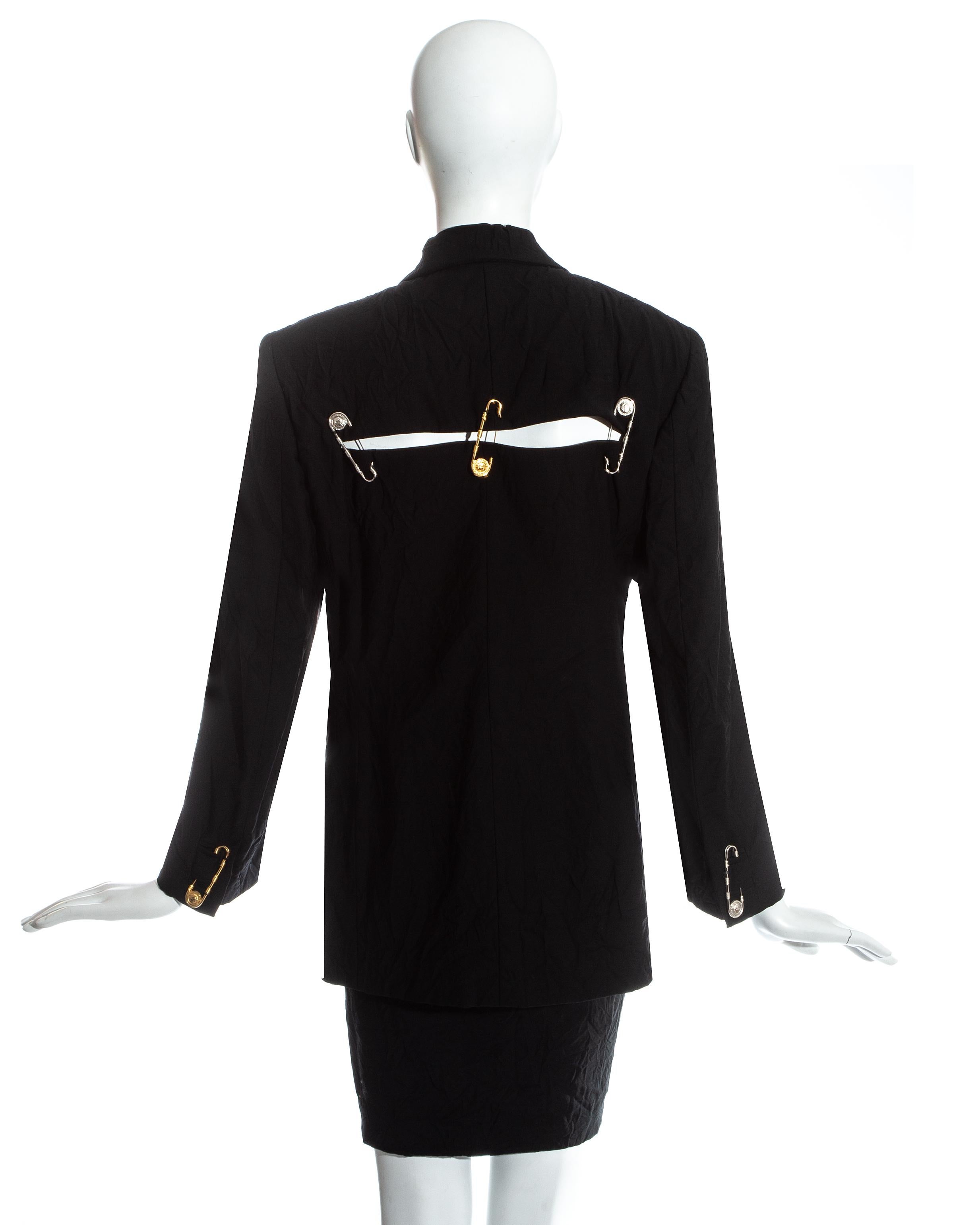 Gianni Versace black crinkled safety pin skirt suit, ss 1994 For Sale 4