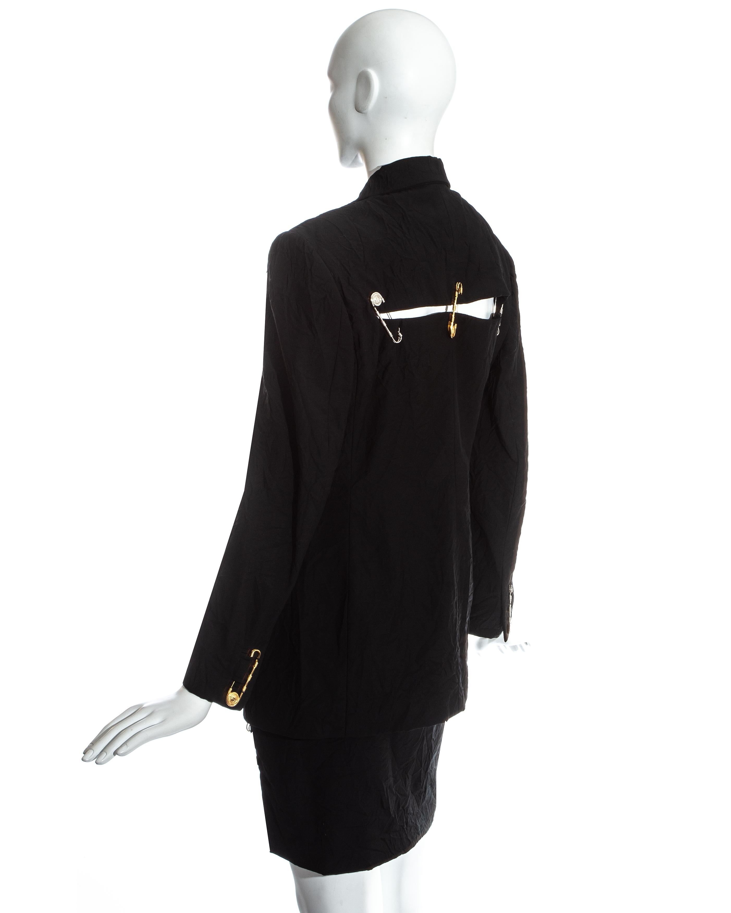 Gianni Versace black crinkled safety pin skirt suit, ss 1994 For Sale 1