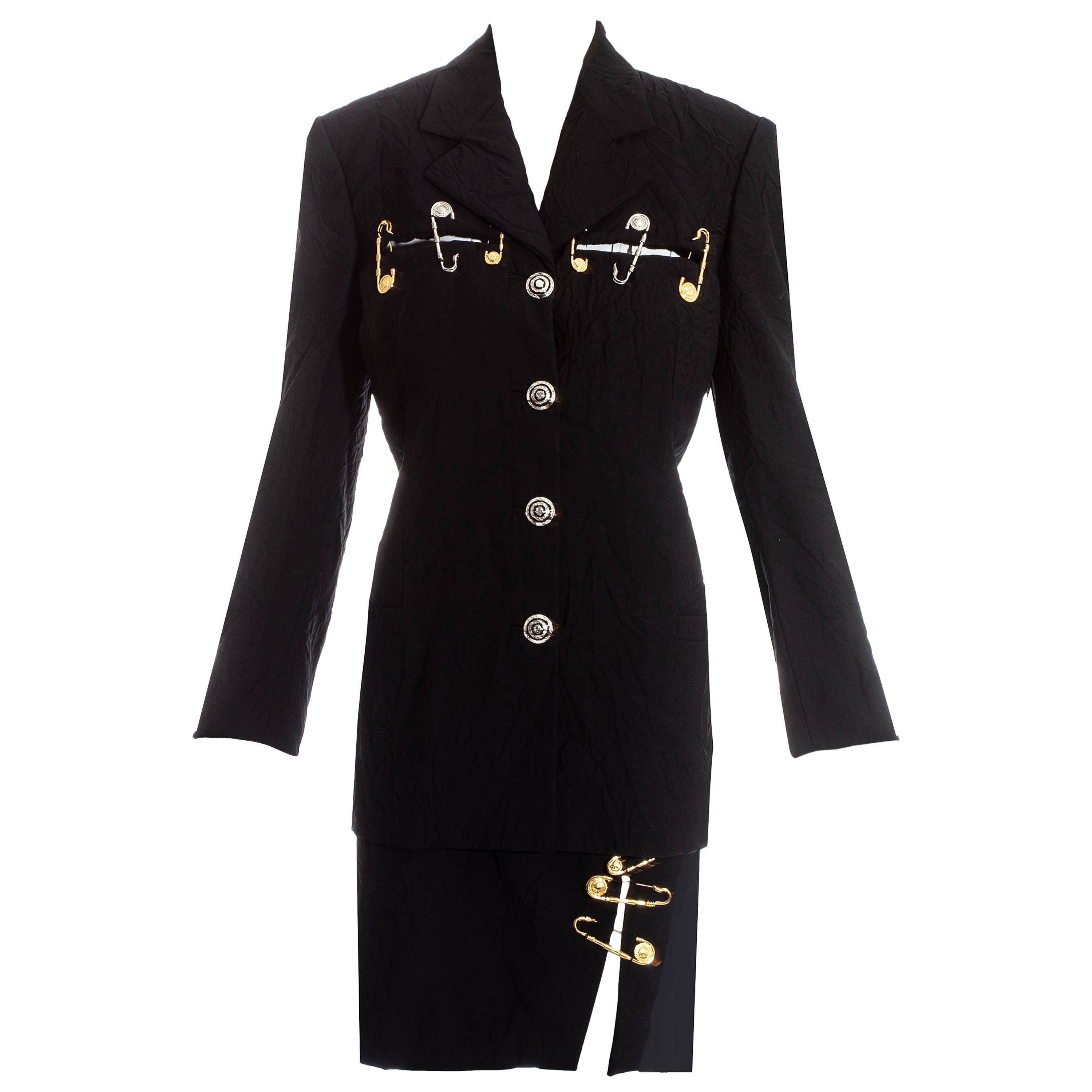 Gianni Versace black crinkled safety pin skirt suit, ss 1994 For Sale