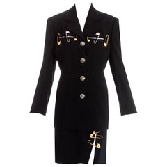 Antique Gianni Versace black crinkled safety pin skirt suit, ss 1994