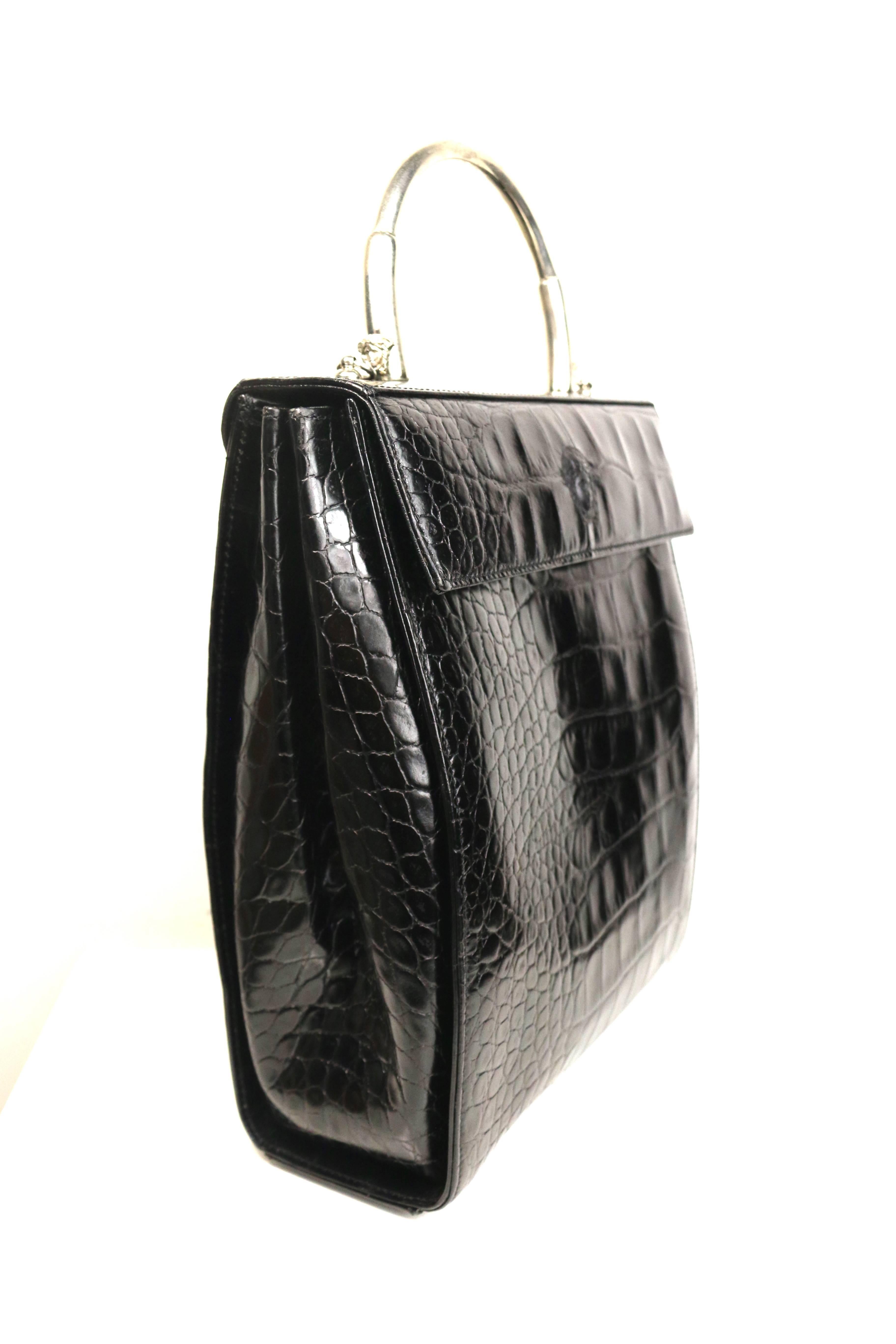 Women's Gianni Versace Black Croc Leather flap Shoulder Bag For Sale