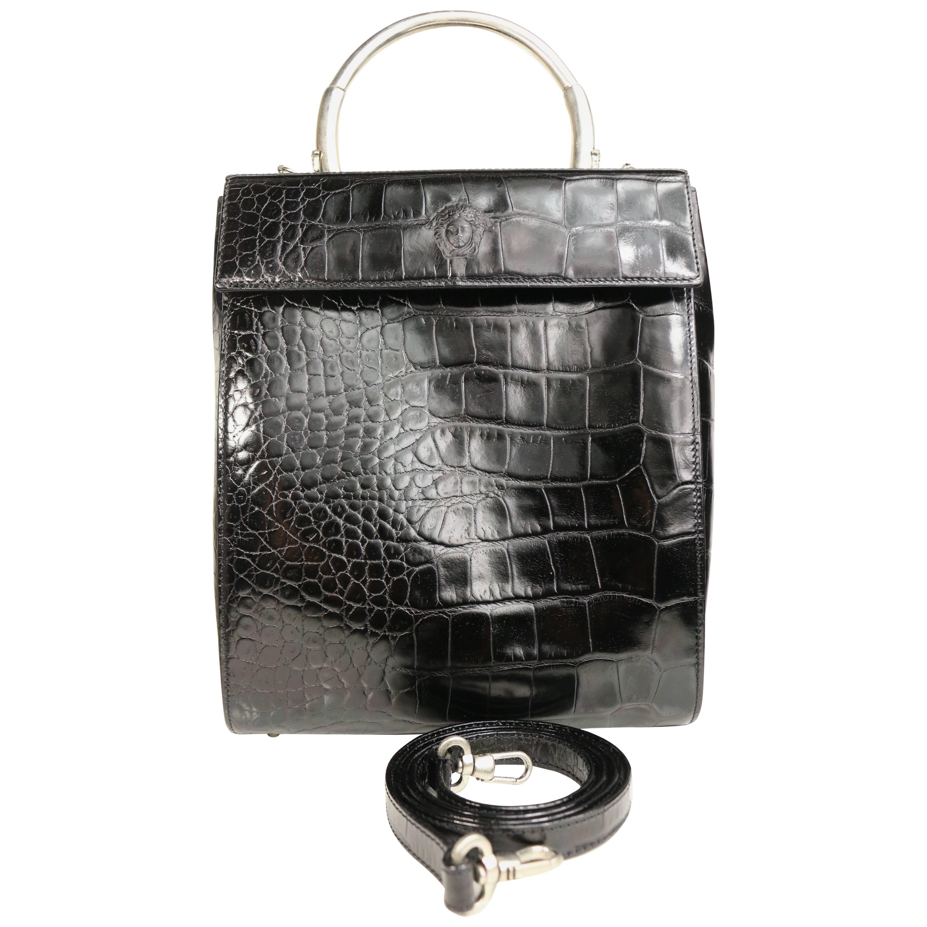 Gianni Versace Black Croc Leather flap Shoulder Bag For Sale
