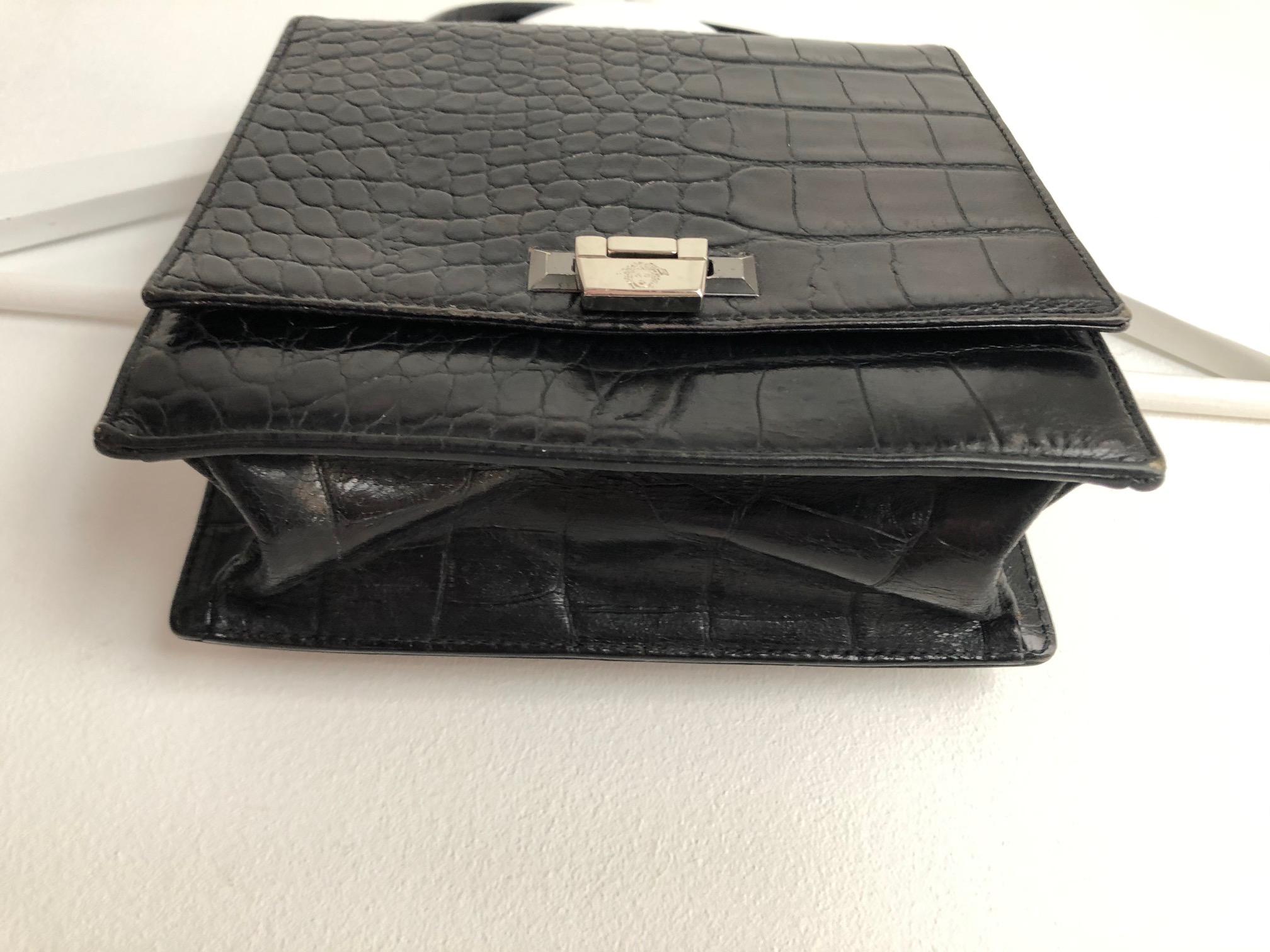 1990s Gianni Versace Black Crocodile Print Leather Tote Mini Bag In Good Condition In London, GB