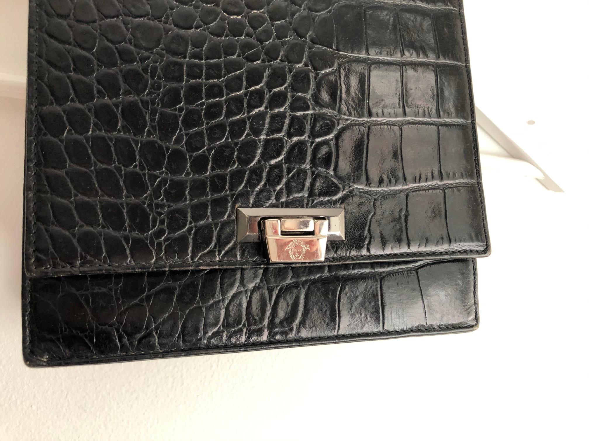 Women's 1990s Gianni Versace Black Crocodile Print Leather Tote Mini Bag