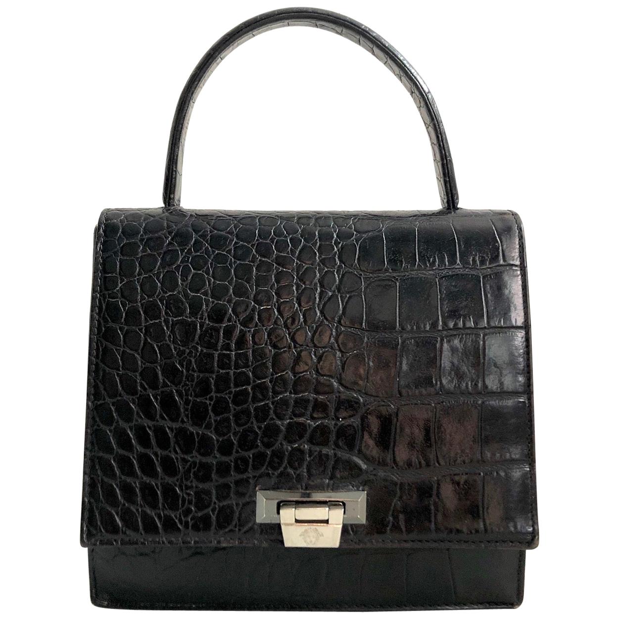 1990s Gianni Versace Black Crocodile Print Leather Tote Mini Bag