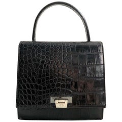 1990s Gianni Versace Black Crocodile Print Leather Tote Mini Bag