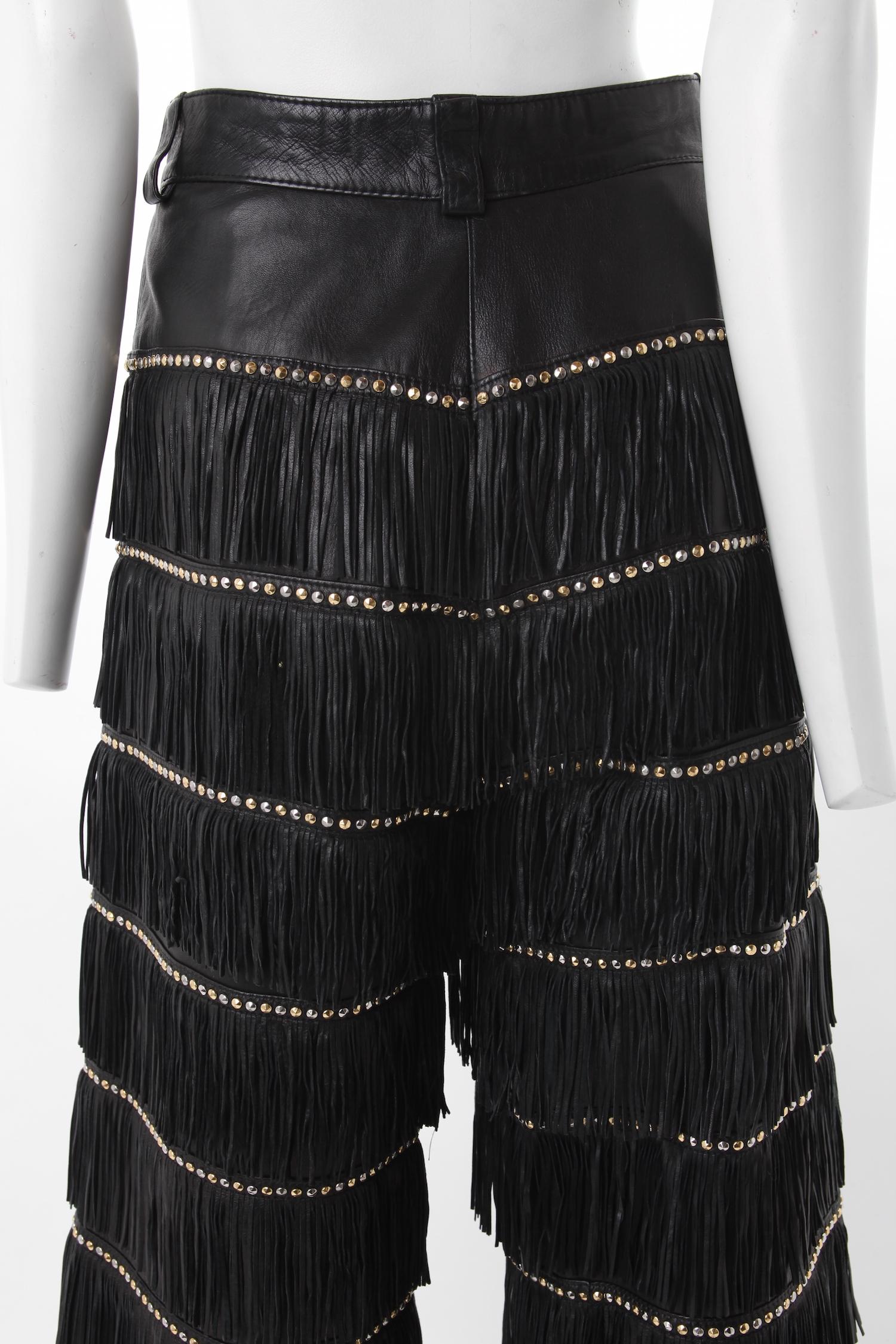 Pantalon en cuir noir à franges Gianni Versace,  Automne/Hiver 1992. Unisexe en vente