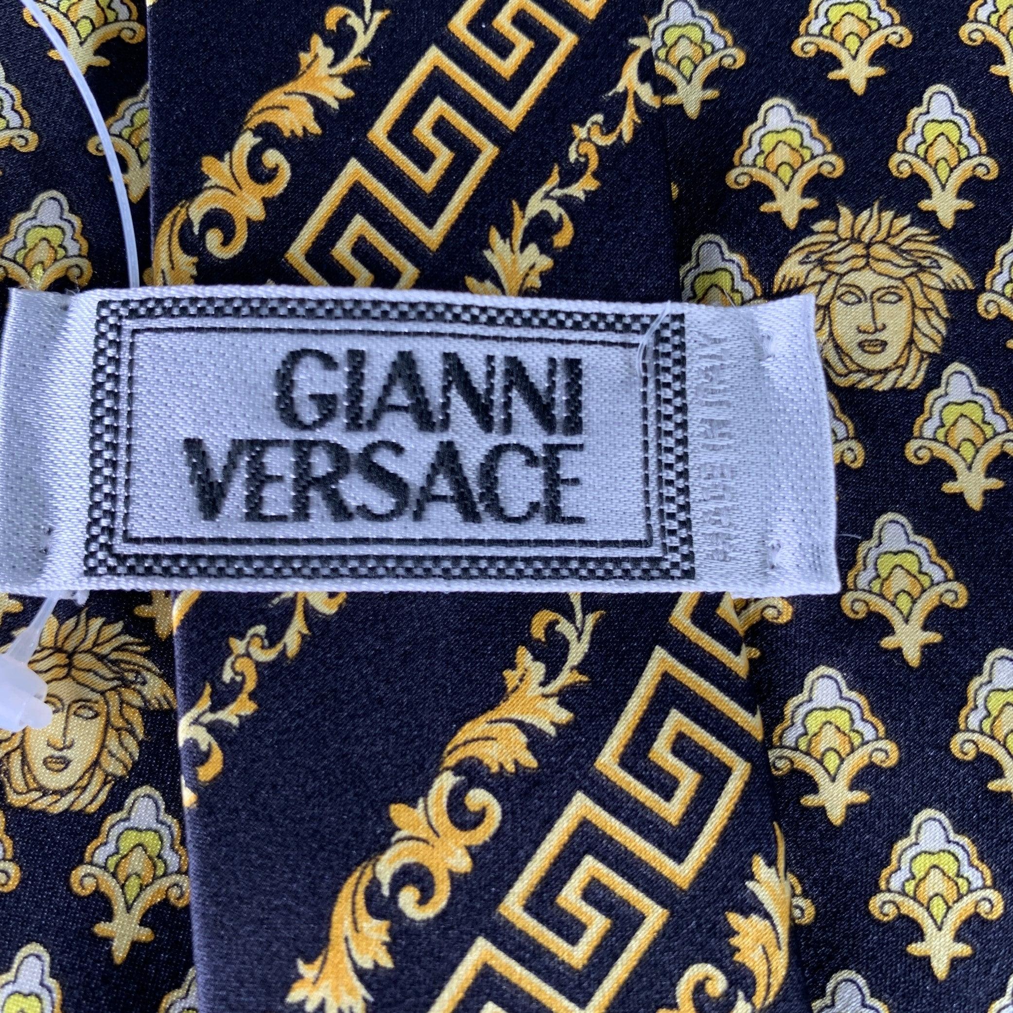 GIANNI VERSACE Black Gold Medusa Heads Silk Tie In Good Condition For Sale In San Francisco, CA