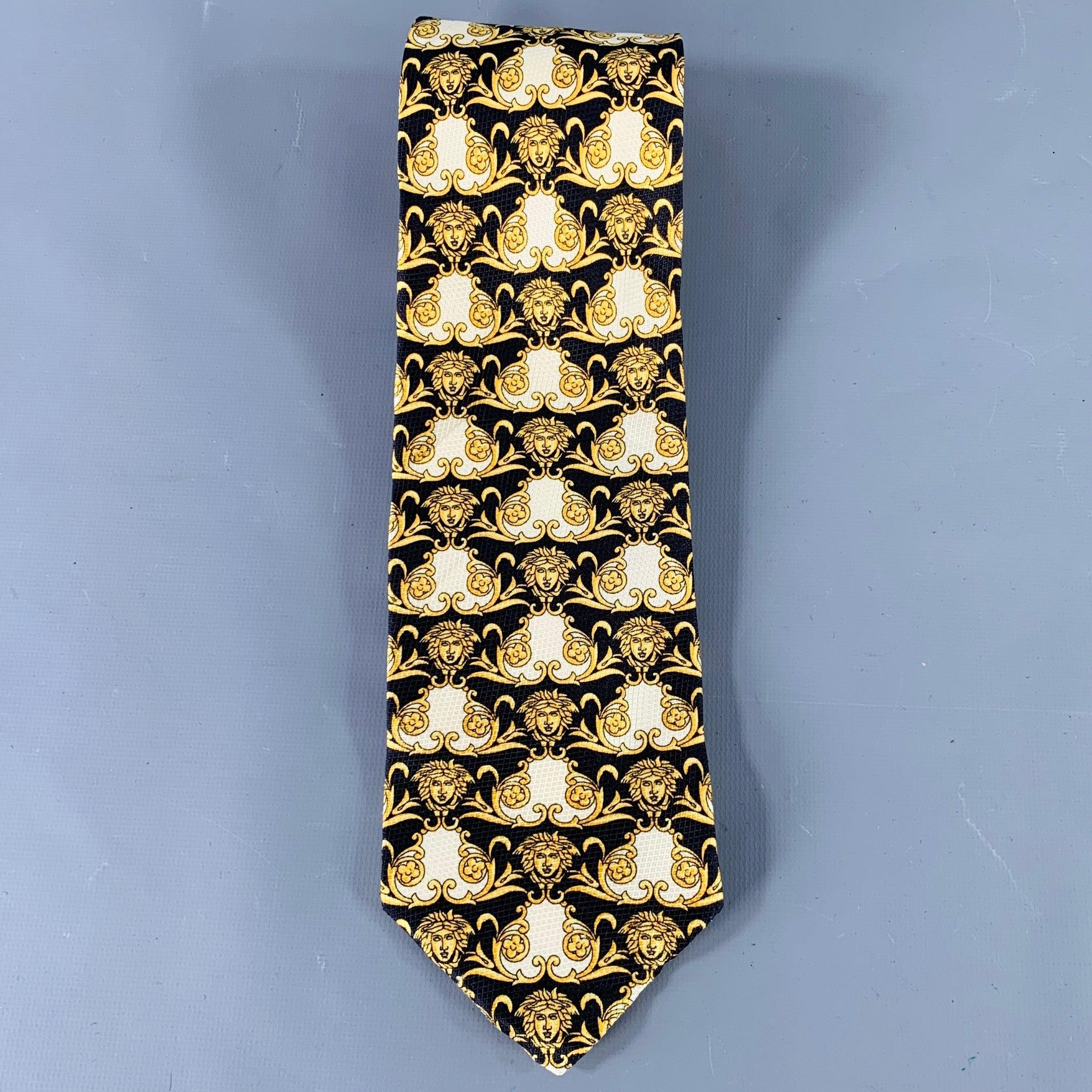 Beige GIANNI VERSACE Black Gold Medusa Heads Silk Tie For Sale