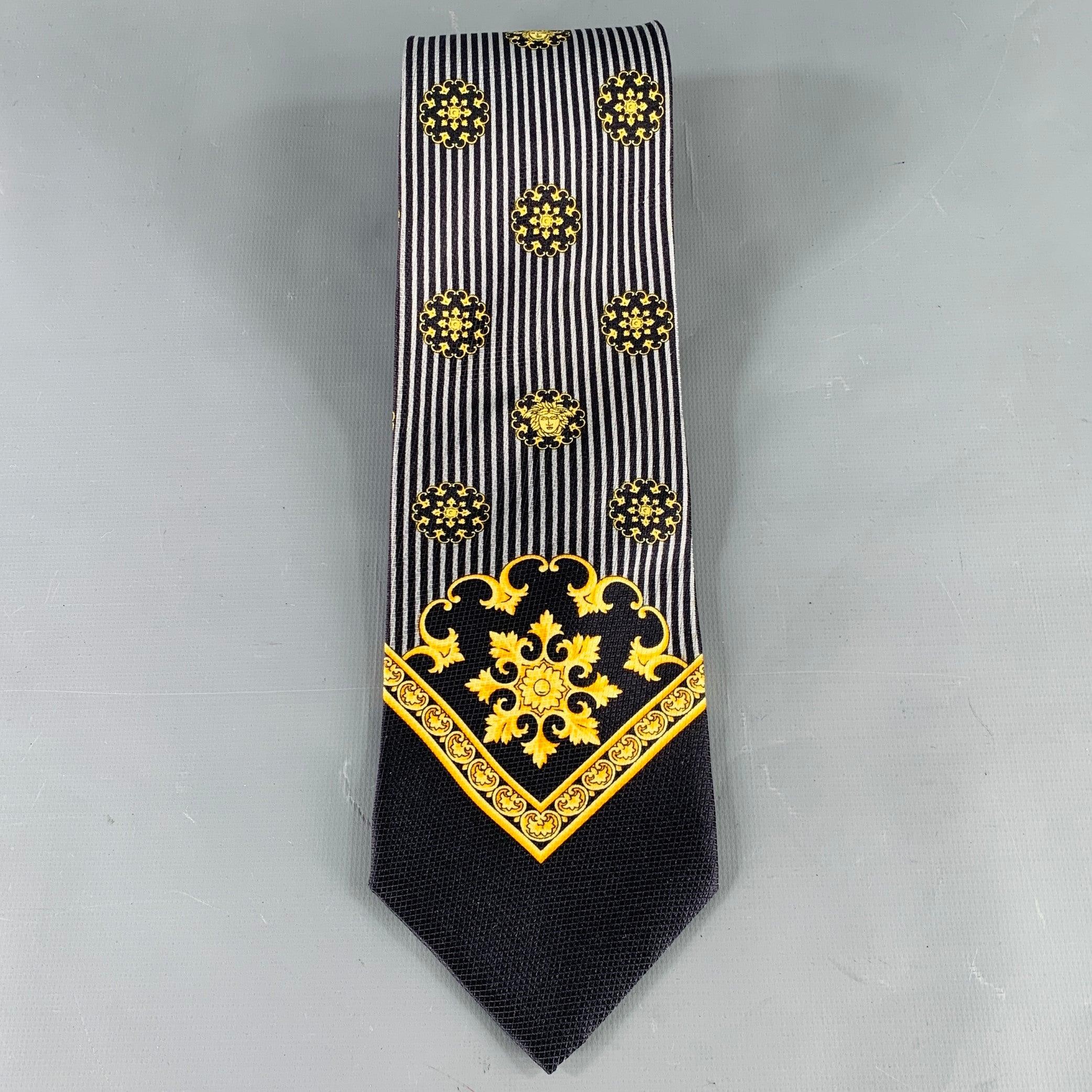 GIANNI VERSACE Black Gold Medusa Heads Silk Tie In Good Condition For Sale In San Francisco, CA