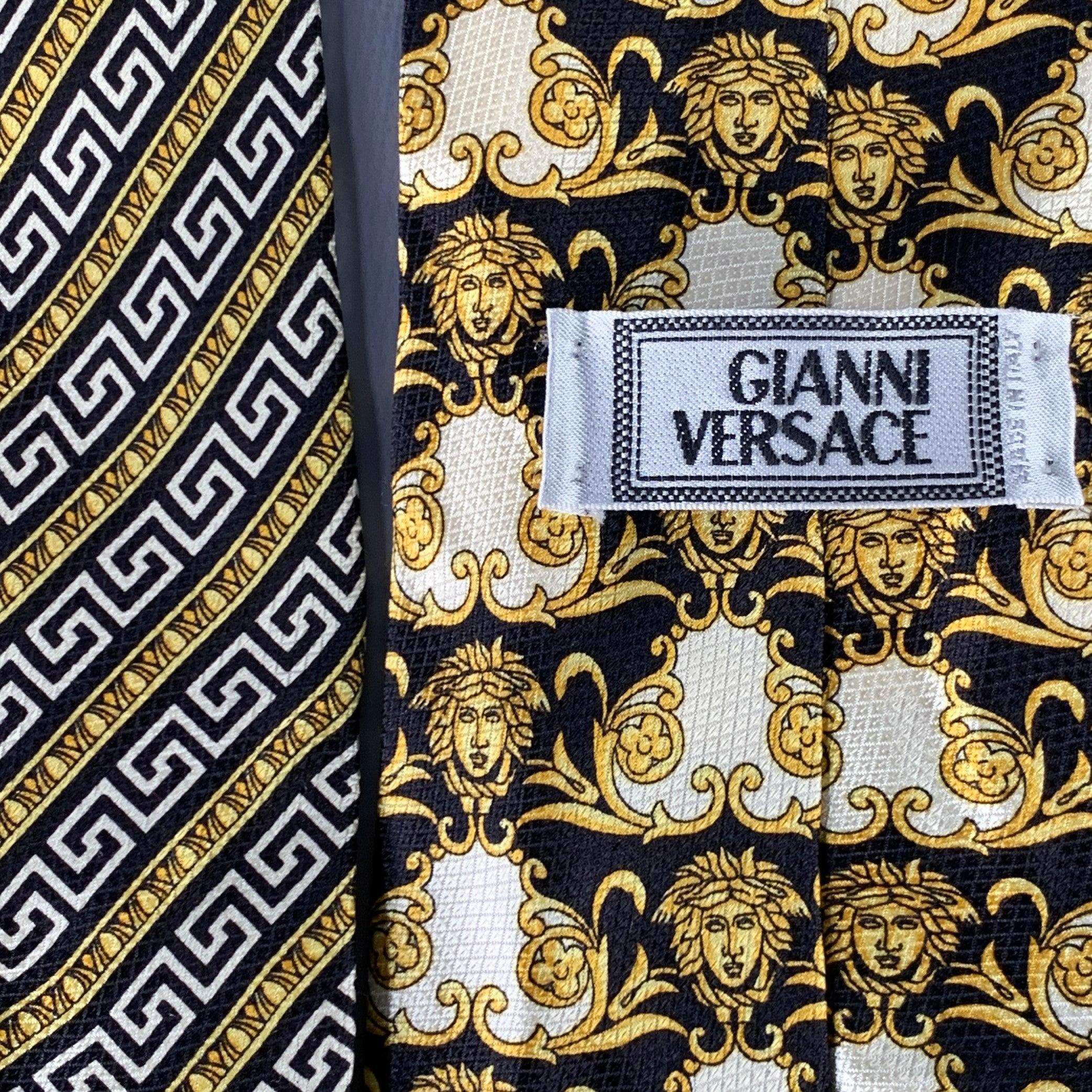 GIANNI VERSACE Black Gold Medusa Heads Silk Tie In Good Condition For Sale In San Francisco, CA
