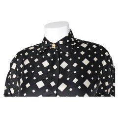 Gianni Versace Black & Ivory Geometric Print Vintage Silk Blouse
