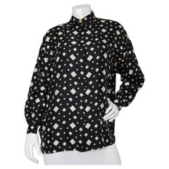 Gianni Versace Black & Ivory Geometric Print Vintage Silk Blouse