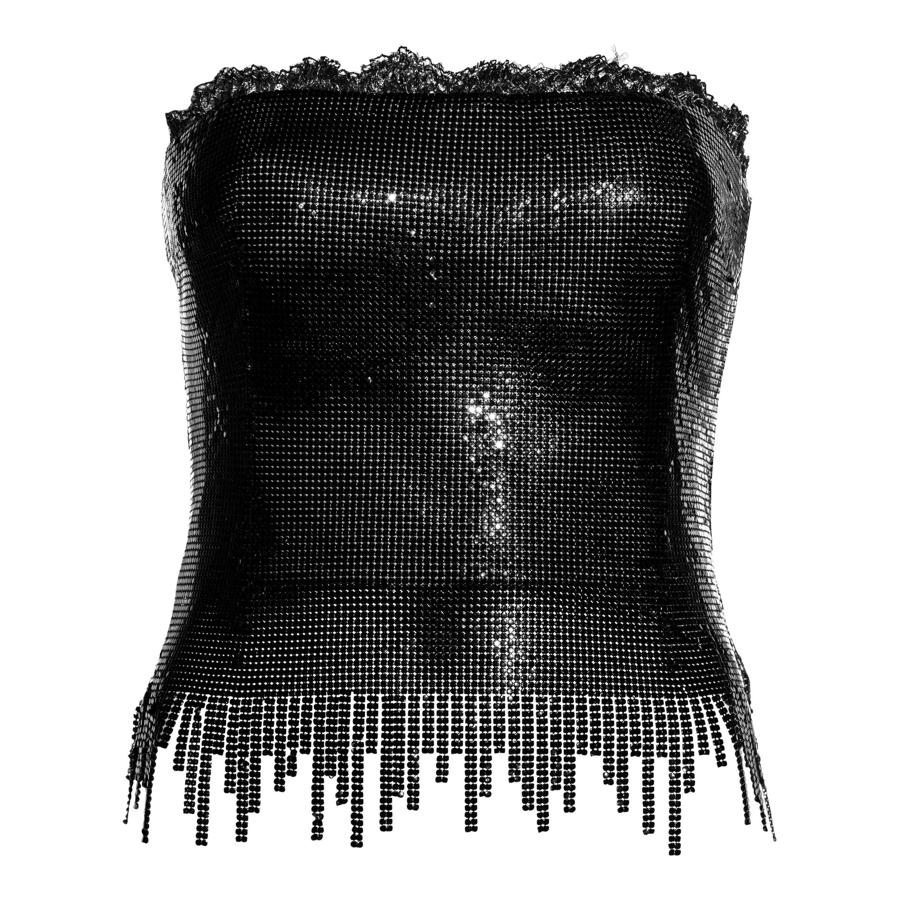 Gianni Versace black lace and oroton metal chainmail strapless corset, fw 1999 For Sale