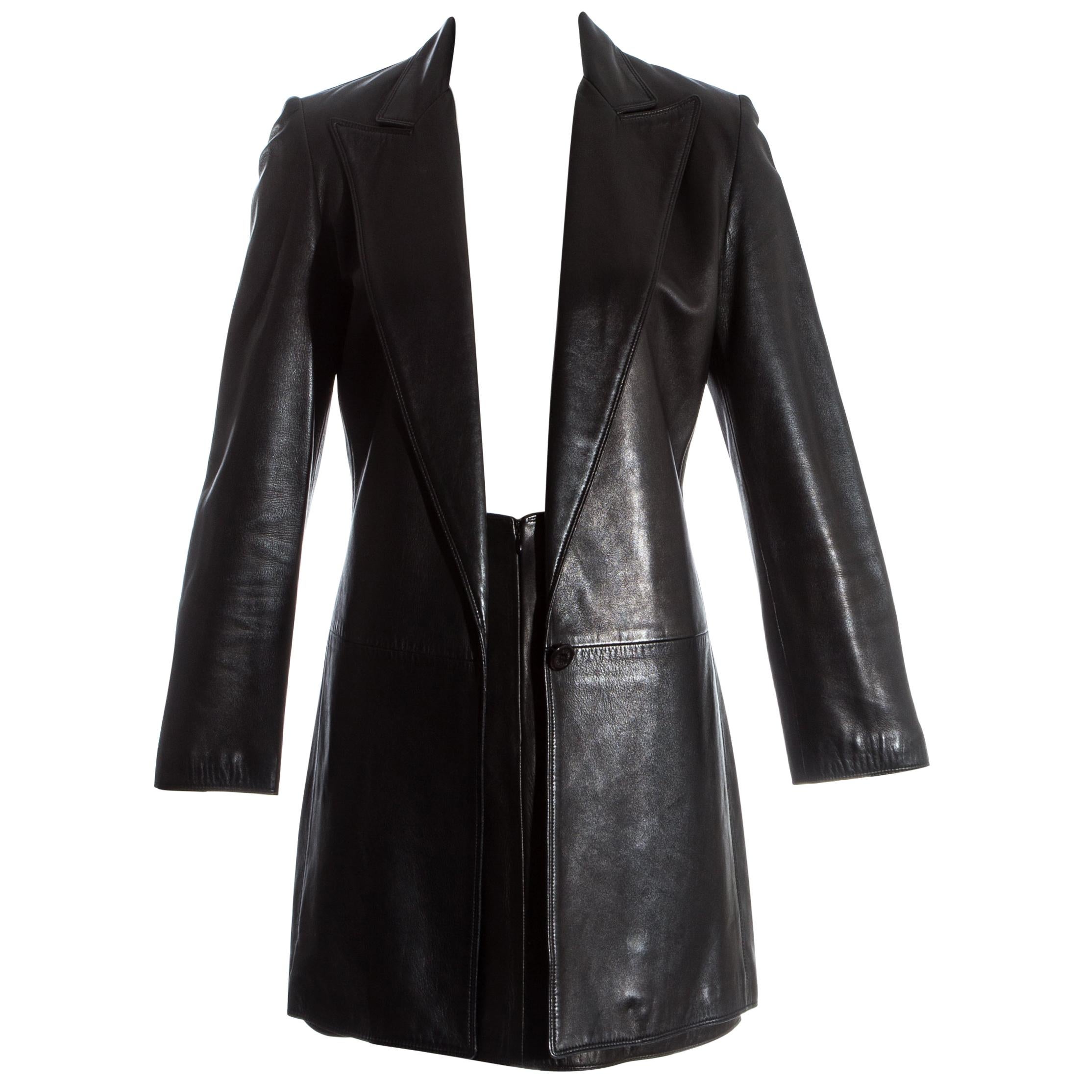 Gianni Versace black lambskin leather blazer jacket and skirt suit, fw 1997 For Sale