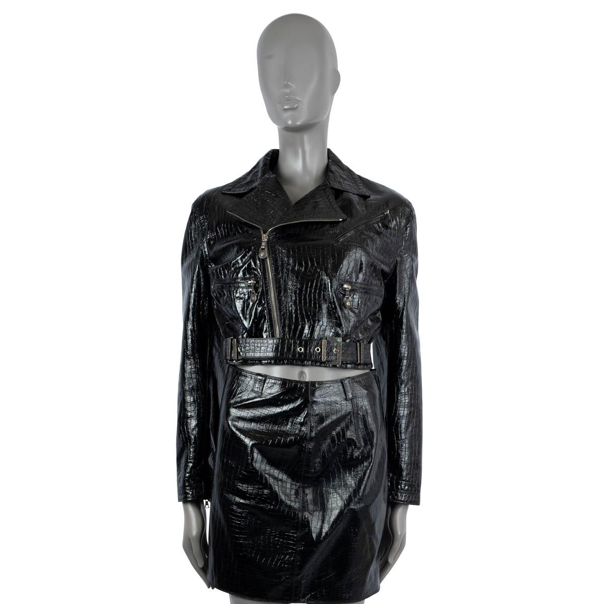 Black GIANNI VERSACE black leather 1994 CROC BIKER Skirt Suit 40 S