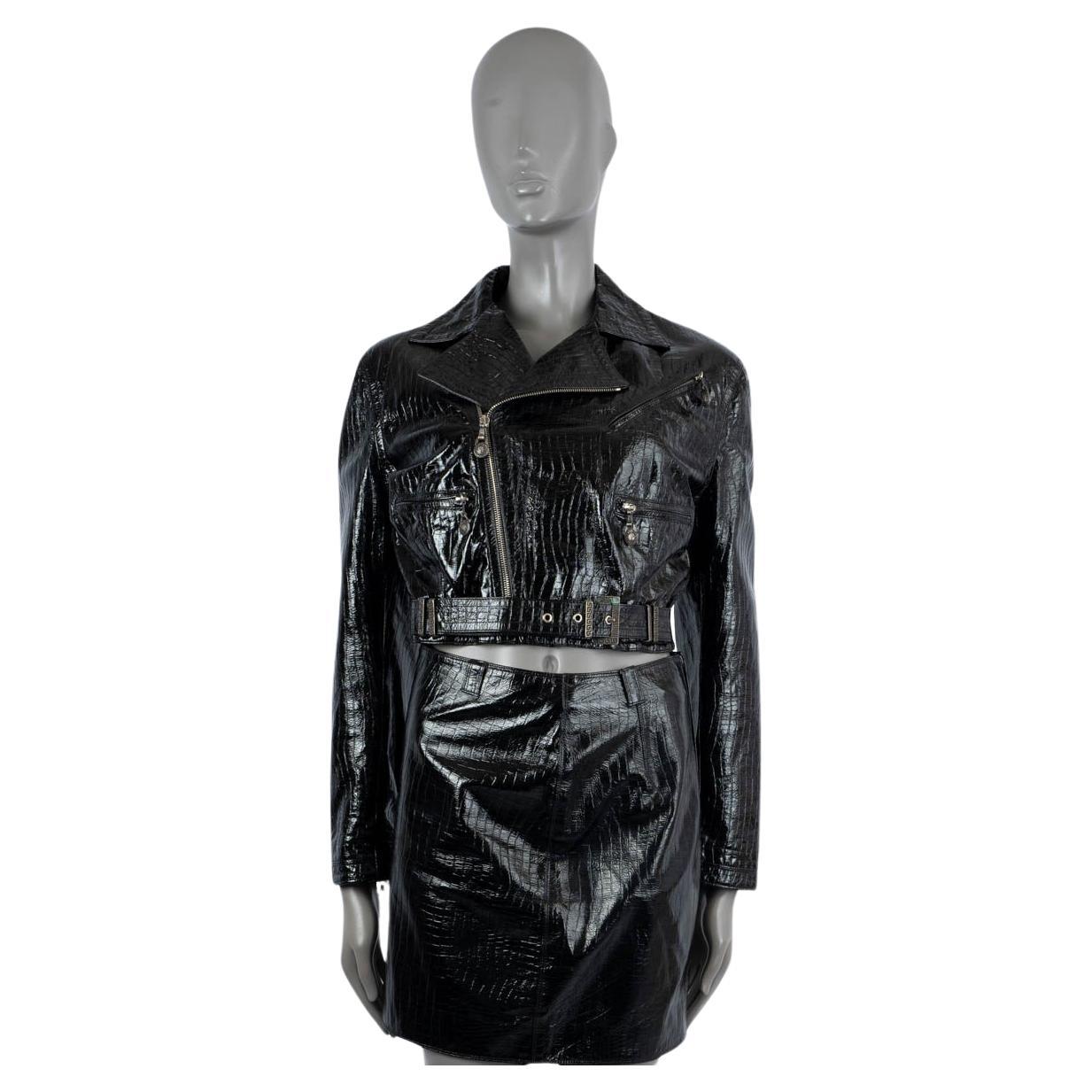 GIANNI VERSACE black leather 1994 CROC BIKER Skirt Suit 40 S