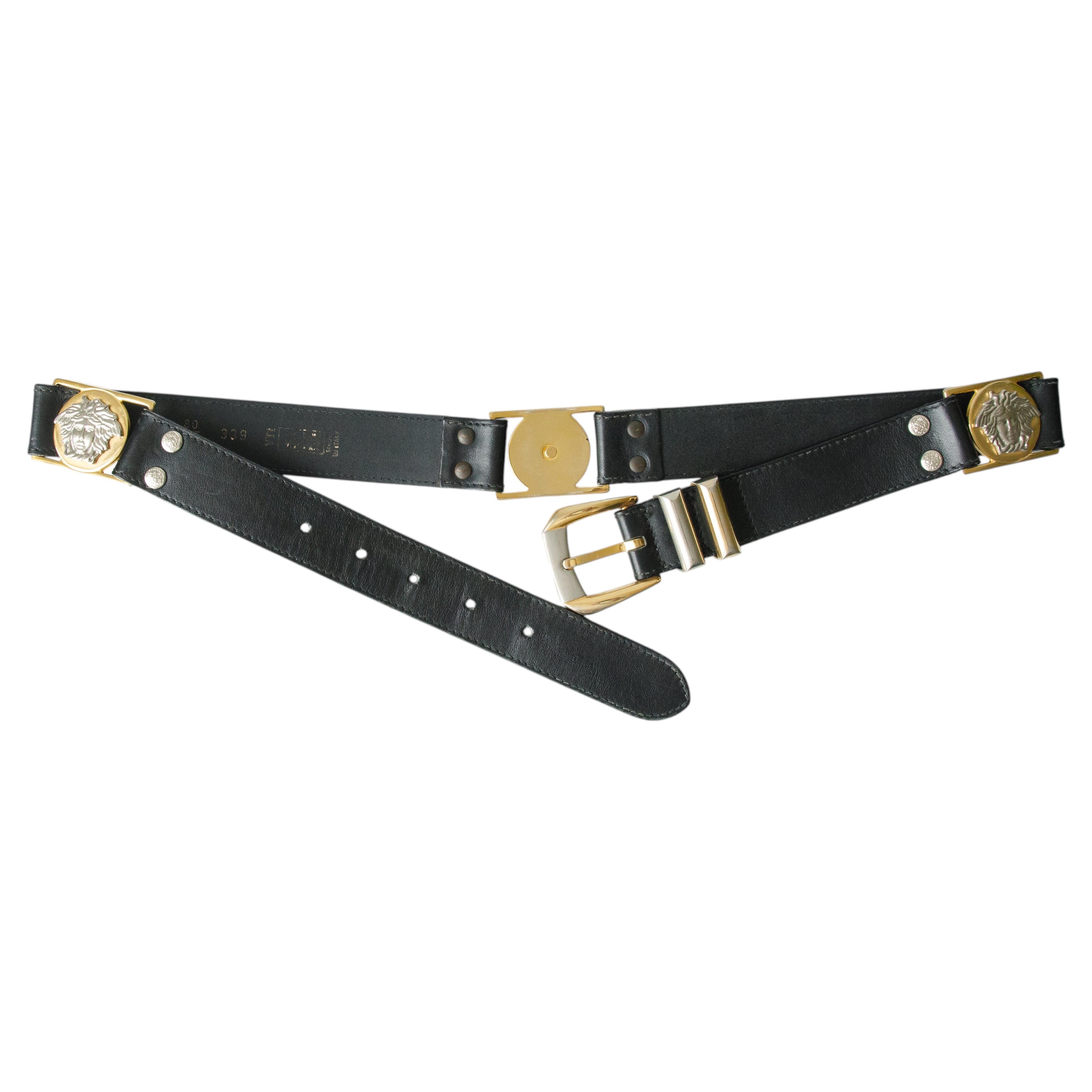 GIANNI VERSACE Black Leather Gold / Silver Tone Medusa Hardware