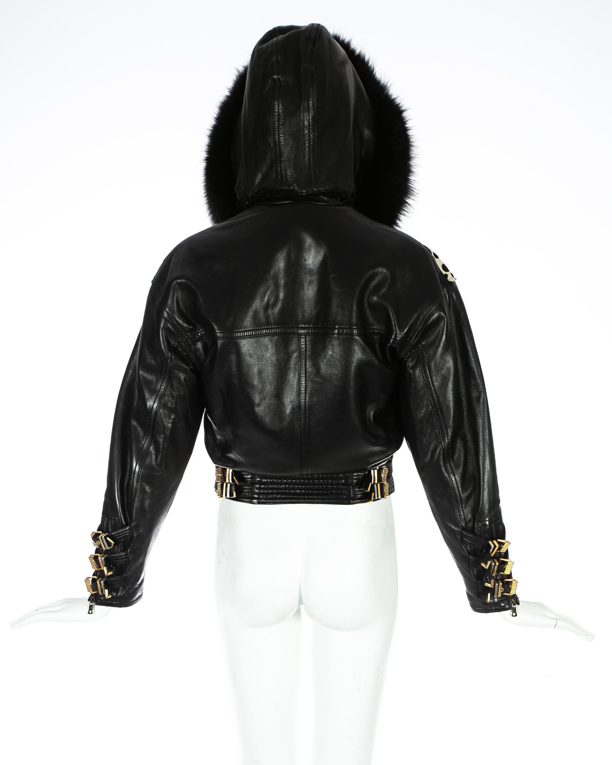 Gianni Versace black leather and pony hair bomber jacket with fur hood, AW 1992 In Good Condition For Sale In London, GB