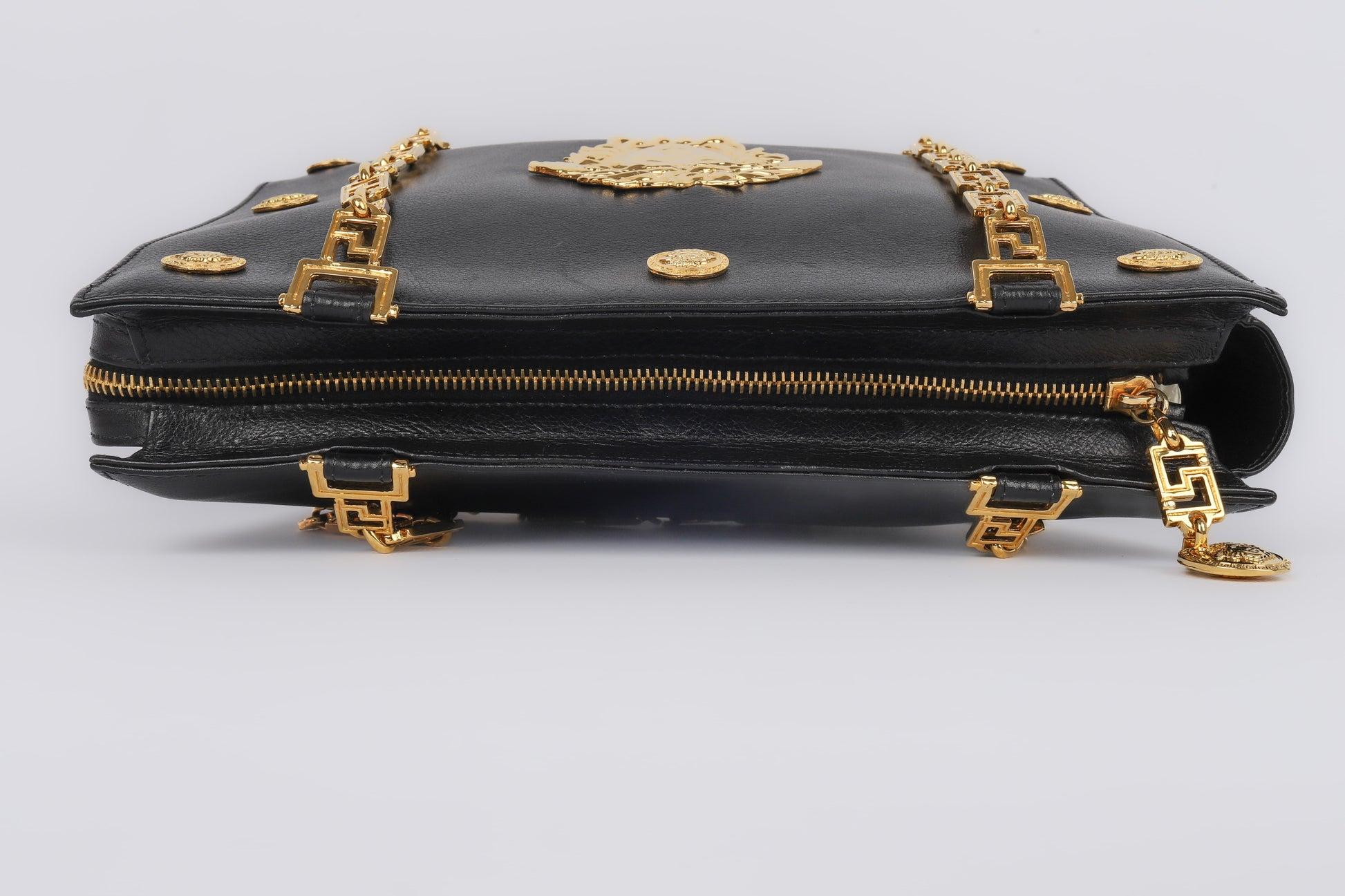 Women's Gianni Versace Black Leather Bag with Golden Metal Elements For Sale
