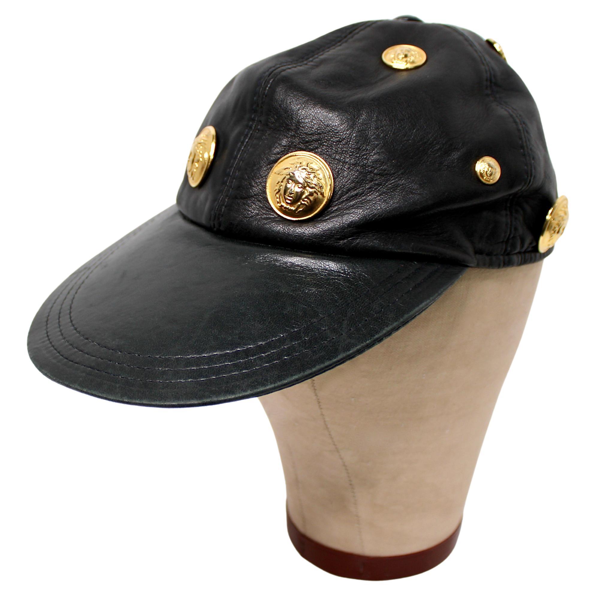 Gianni Versace Black Leather Baseball Cap With Medusa Medallions circa 1990s