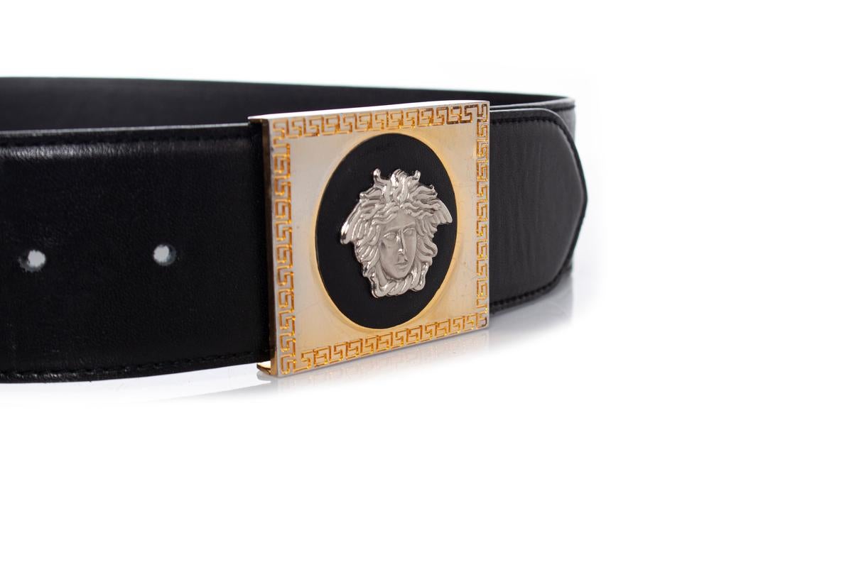 Gianni Versace, black leather belt with medusa buckle For Sale 2