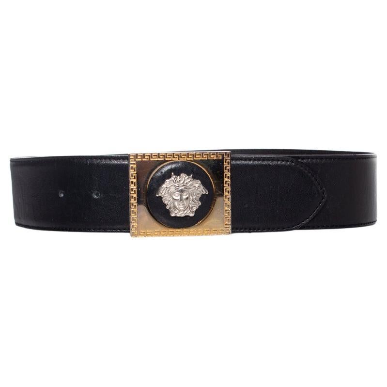 Gianni Versace, black leather belt with medusa buckle For Sale
