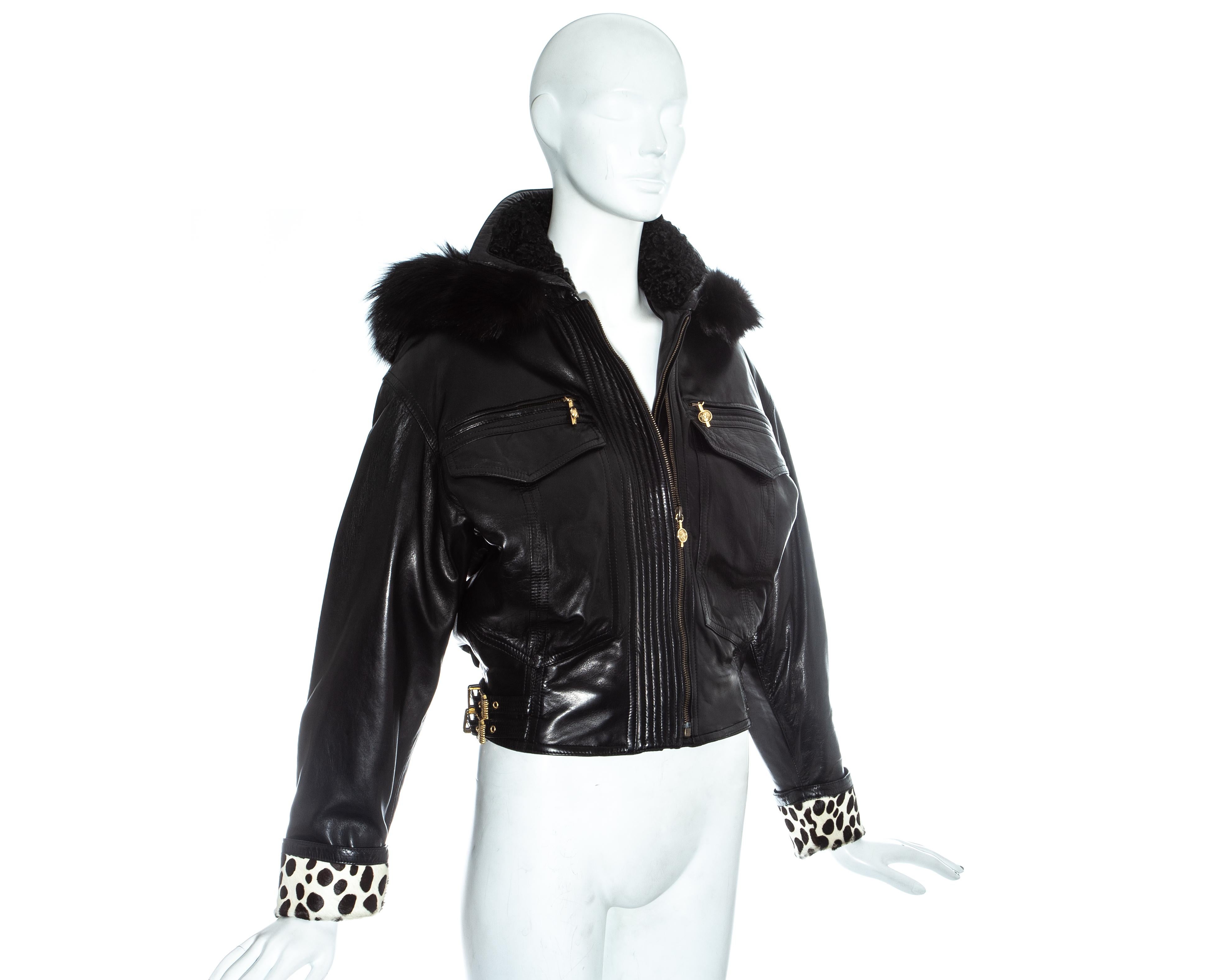 Women's Gianni Versace black leather bomber jacket with bondage buckles, fw 1992 For Sale