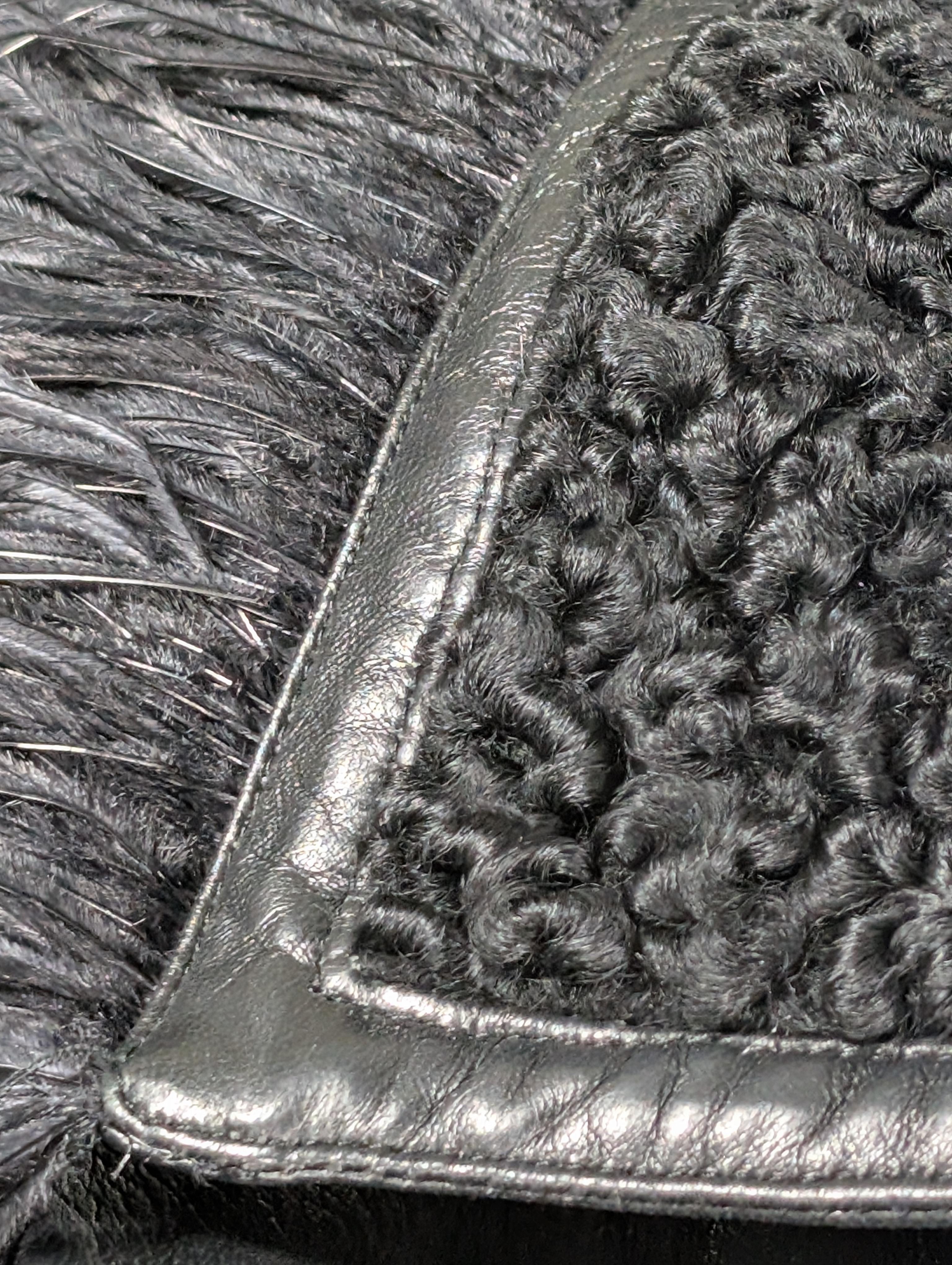 GIANNI VERSACE black leather coat with ostrich feathers For Sale 5