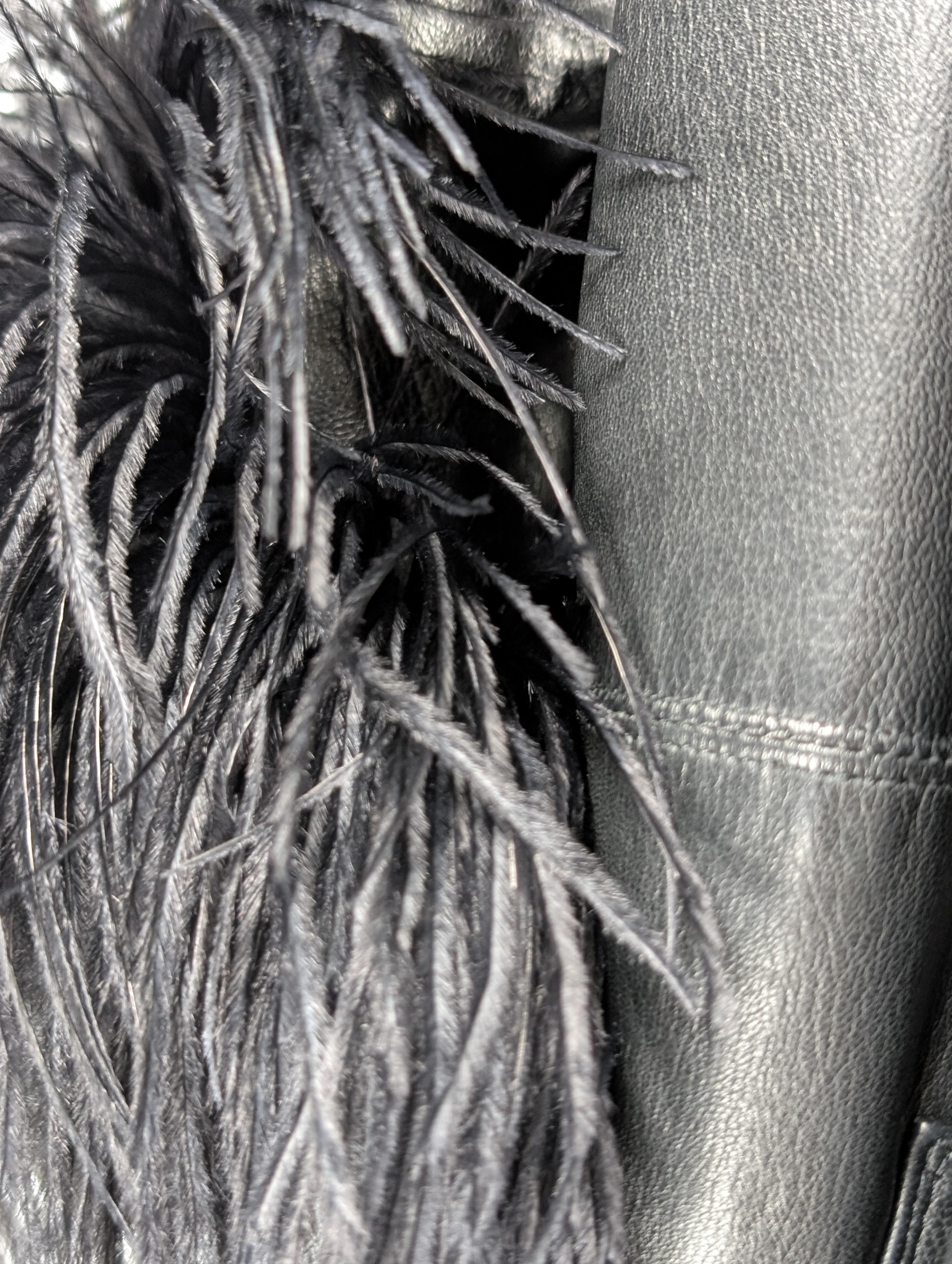 GIANNI VERSACE black leather coat with ostrich feathers For Sale 6