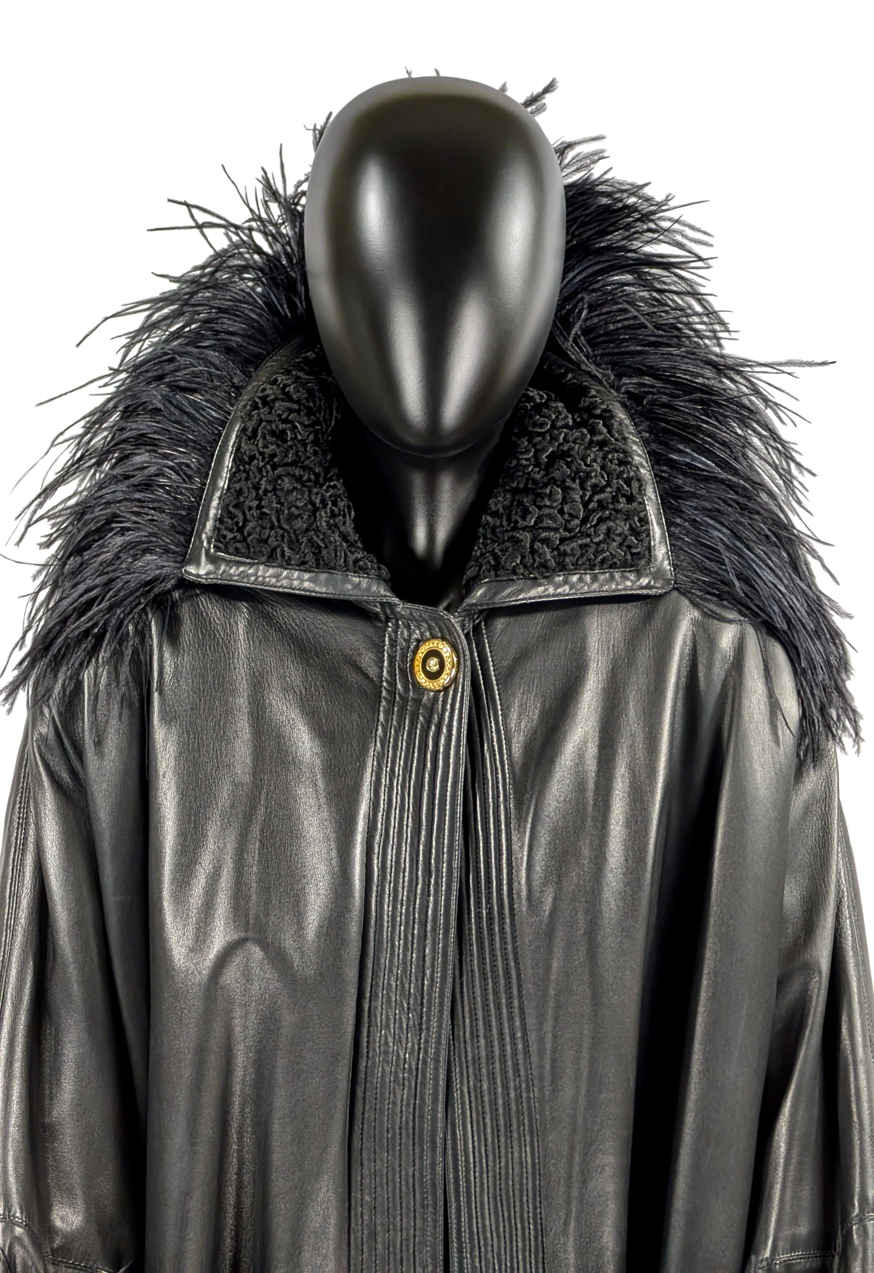 We are pleased to present an extraordinary lambskin coat from the Gianni Versace collections  of the early 90s.
A long coat that wraps like a large cloak in a swirl of black ostrich feathers.
Very soft leather finished with important stitching at