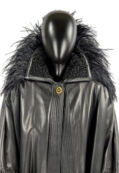 GIANNI VERSACE black leather coat with ostrich feathers