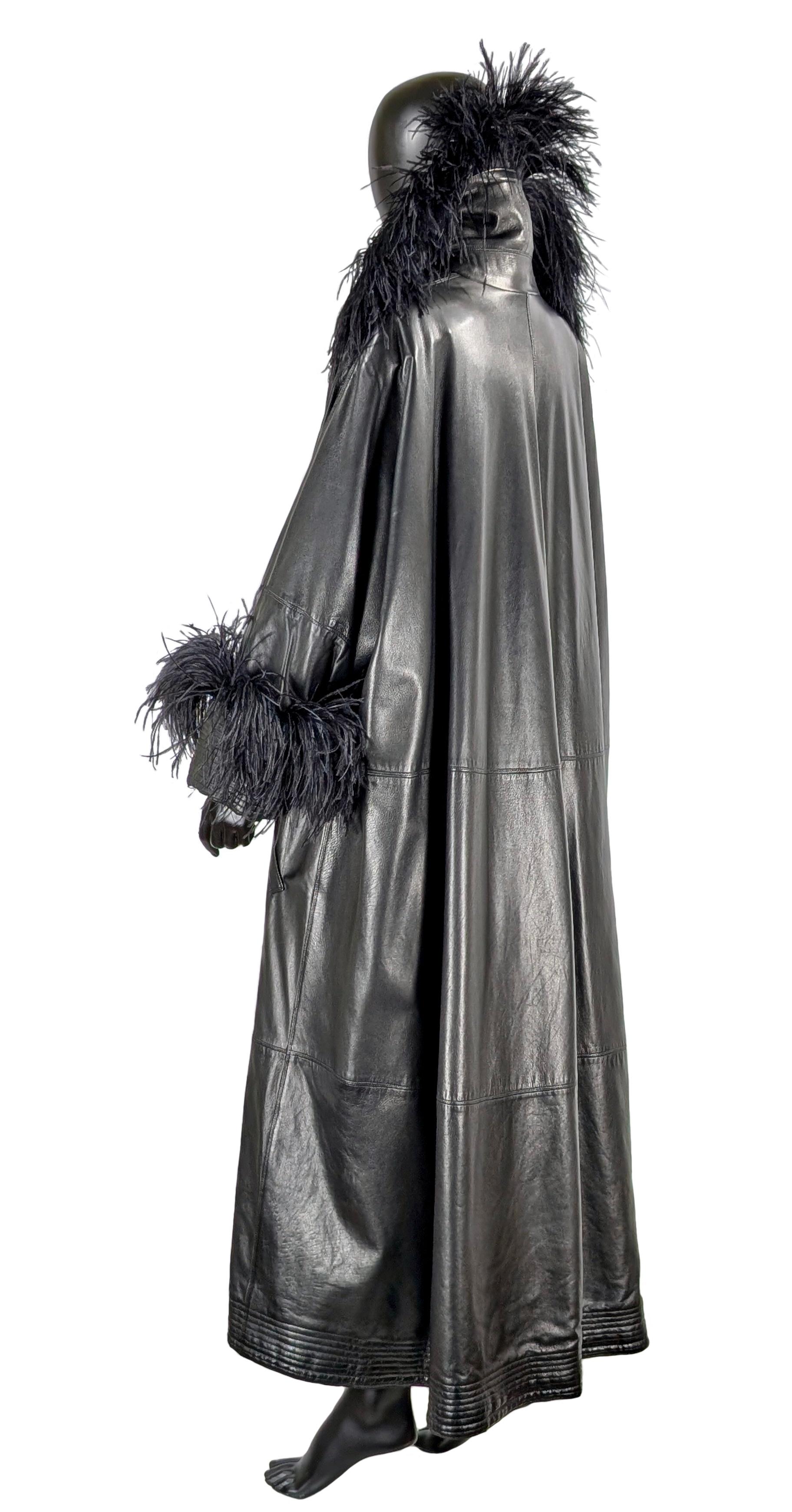 Black GIANNI VERSACE black leather coat with ostrich feathers For Sale