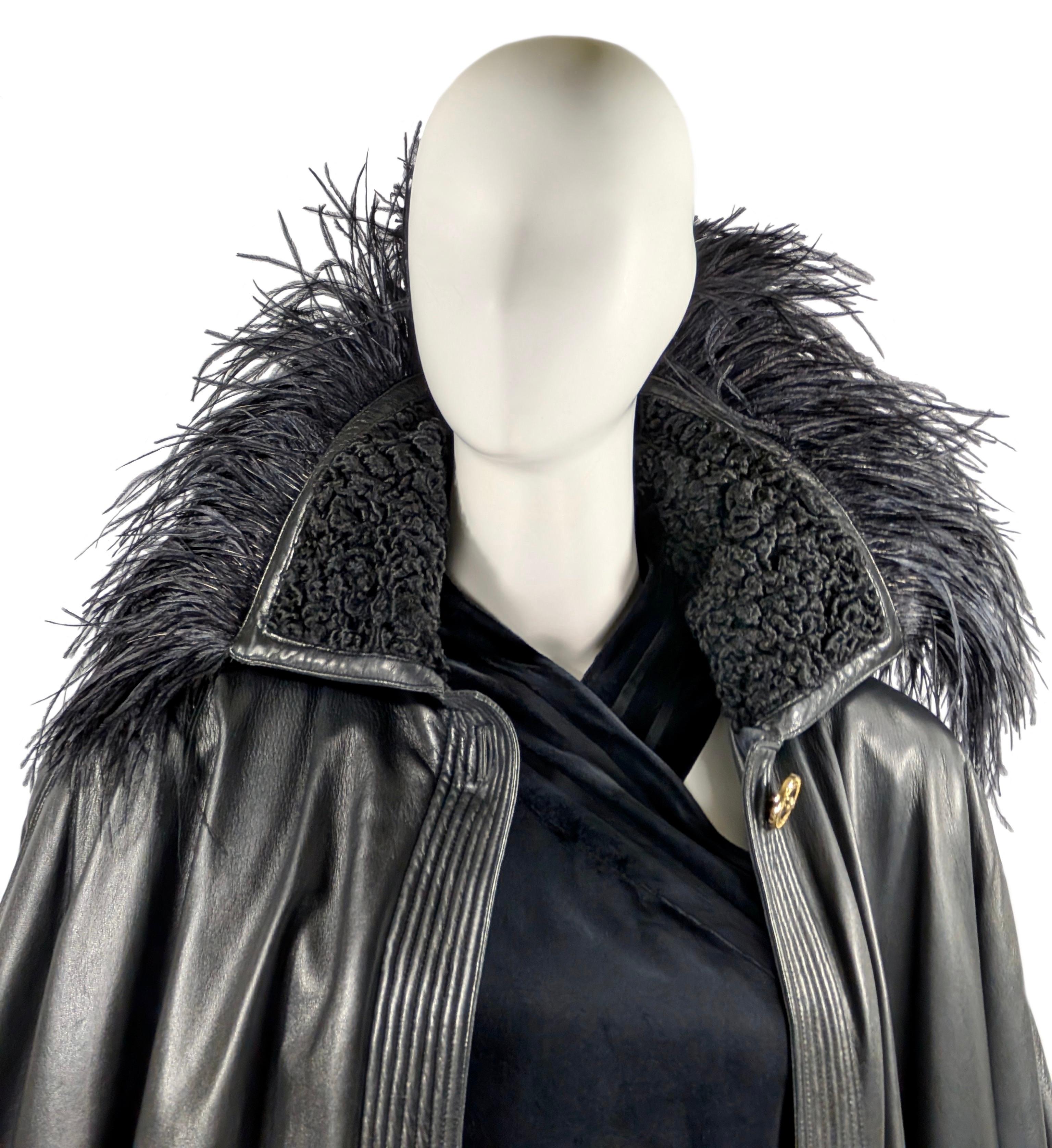 GIANNI VERSACE black leather coat with ostrich feathers For Sale 1